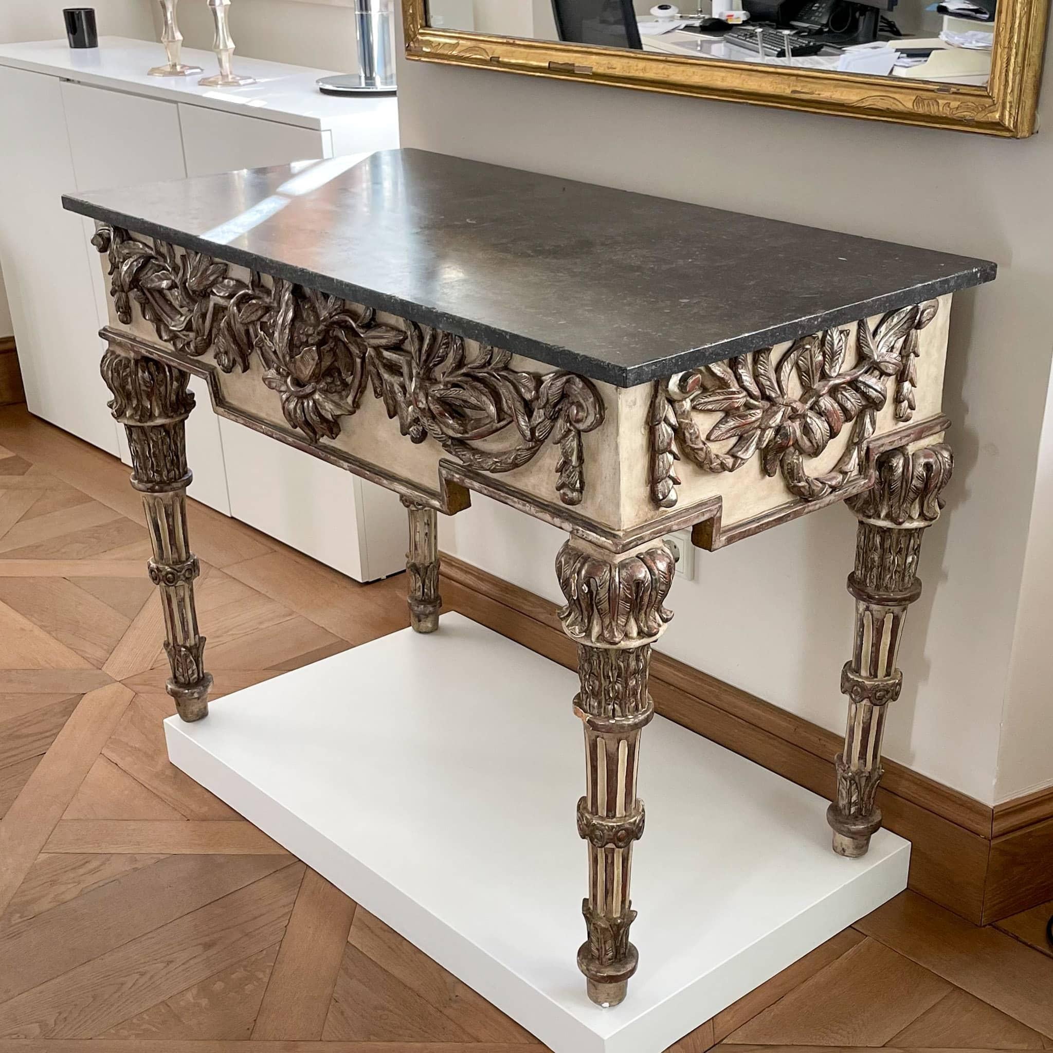 Painted and Silver patinated Console Table with Marble Top, Italian circa 1790 For Sale 11