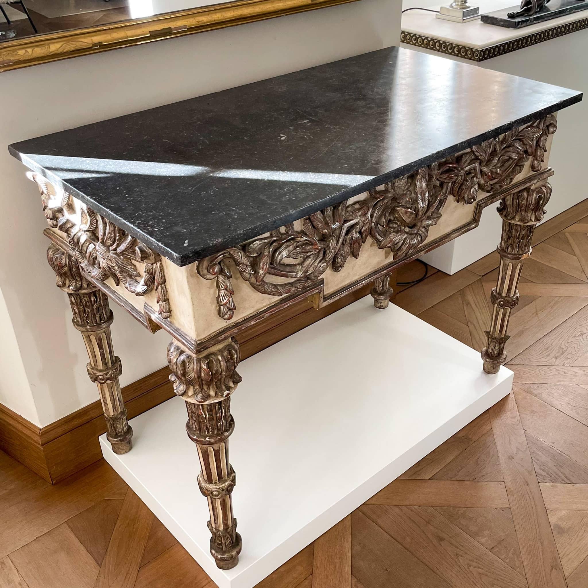 Painted and Silver patinated Console Table with Marble Top, Italian circa 1790 For Sale 12