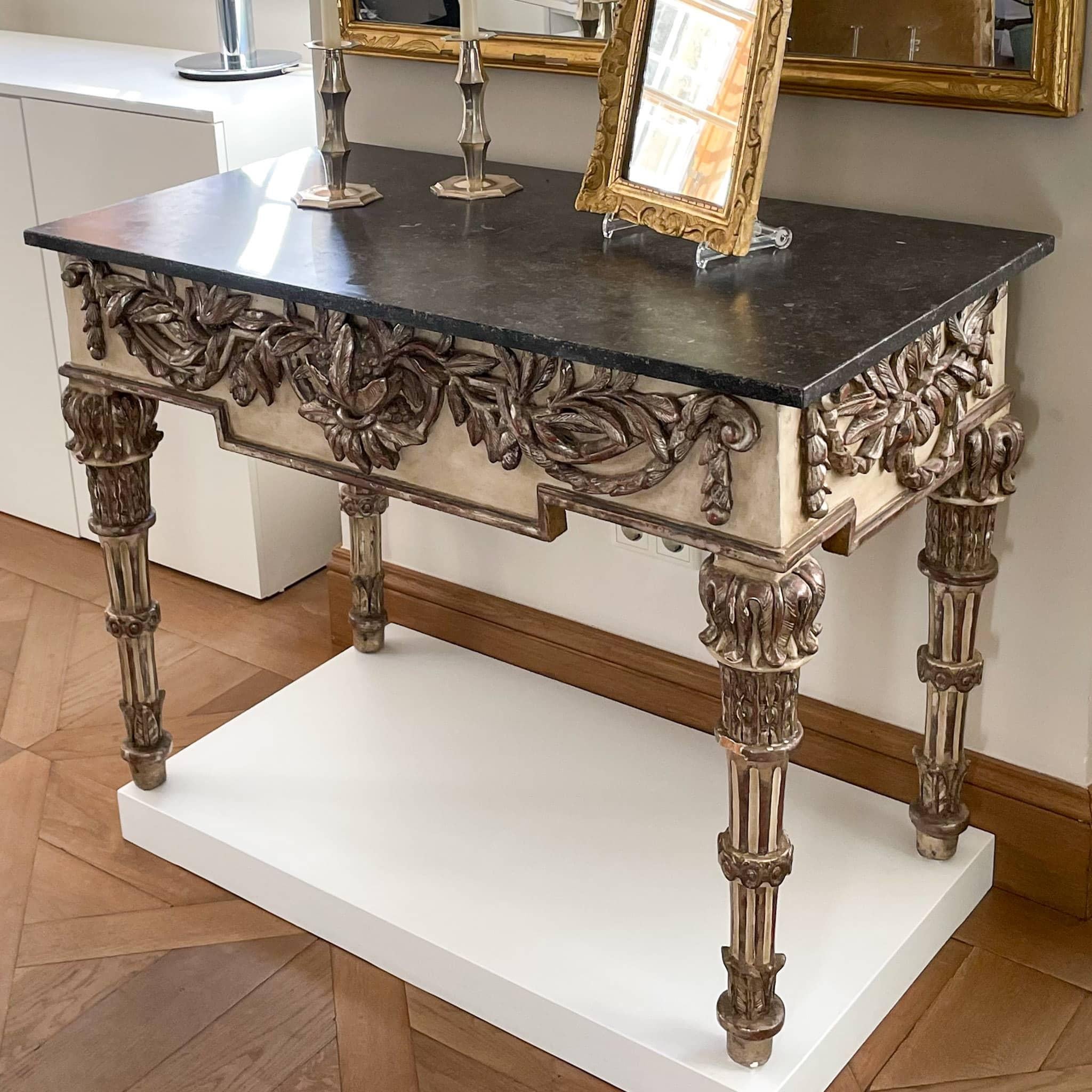 Neoclassical Painted and Silver patinated Console Table with Marble Top, Italian circa 1790 For Sale