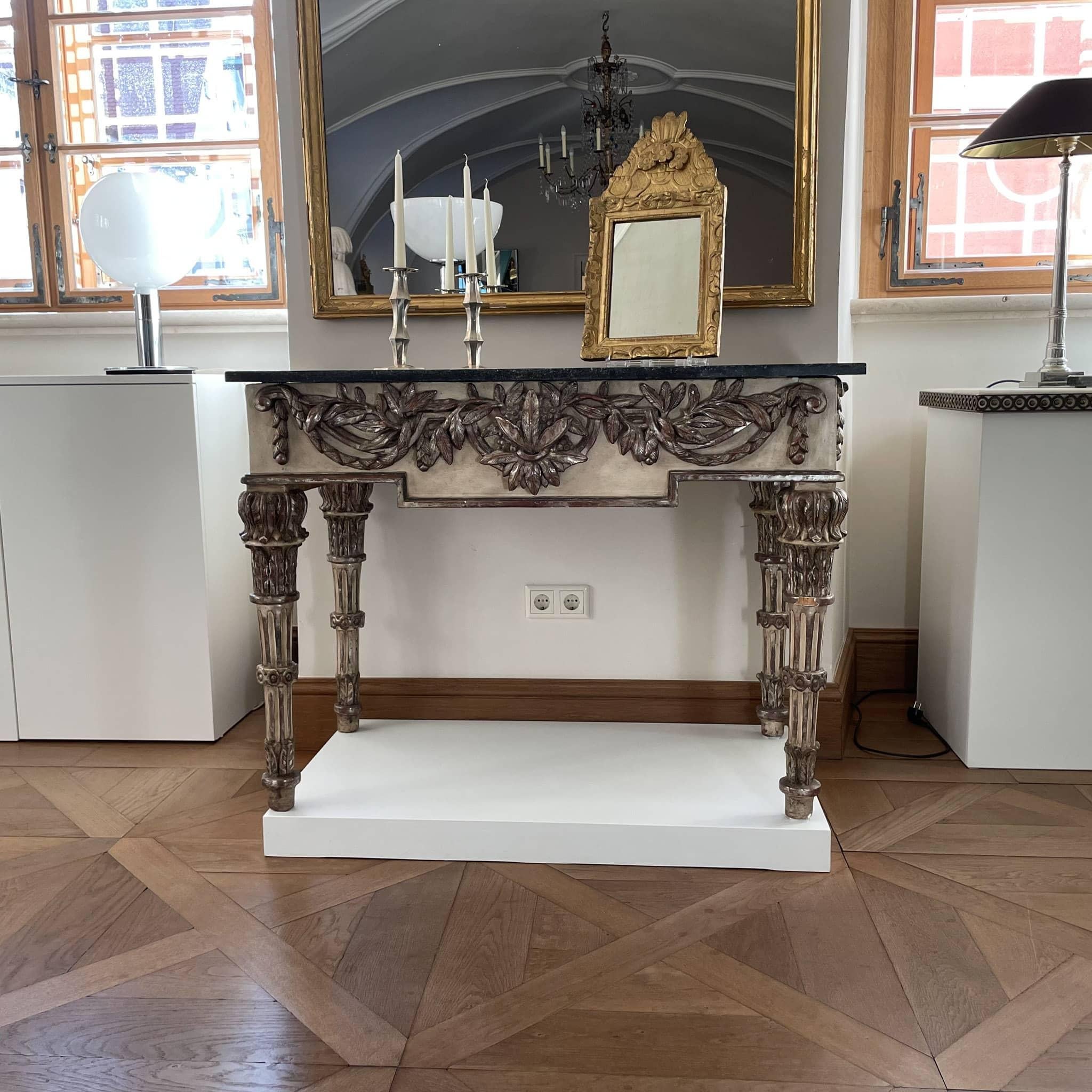 Carved Painted and Silver patinated Console Table with Marble Top, Italian circa 1790 For Sale