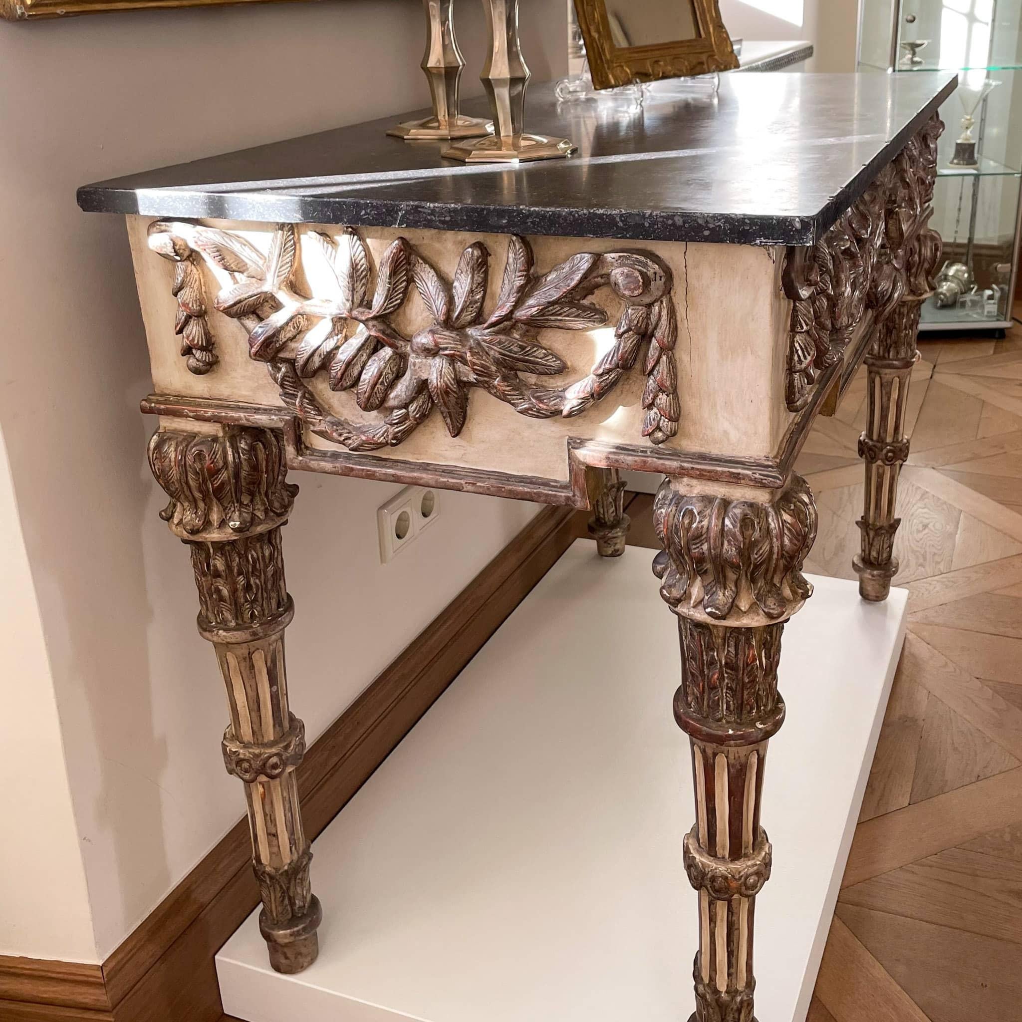 Late 18th Century Painted and Silver patinated Console Table with Marble Top, Italian circa 1790 For Sale