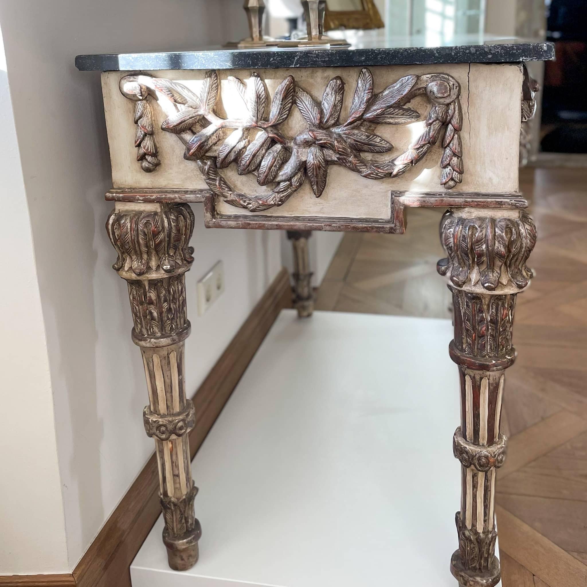 Painted and Silver patinated Console Table with Marble Top, Italian circa 1790 For Sale 1