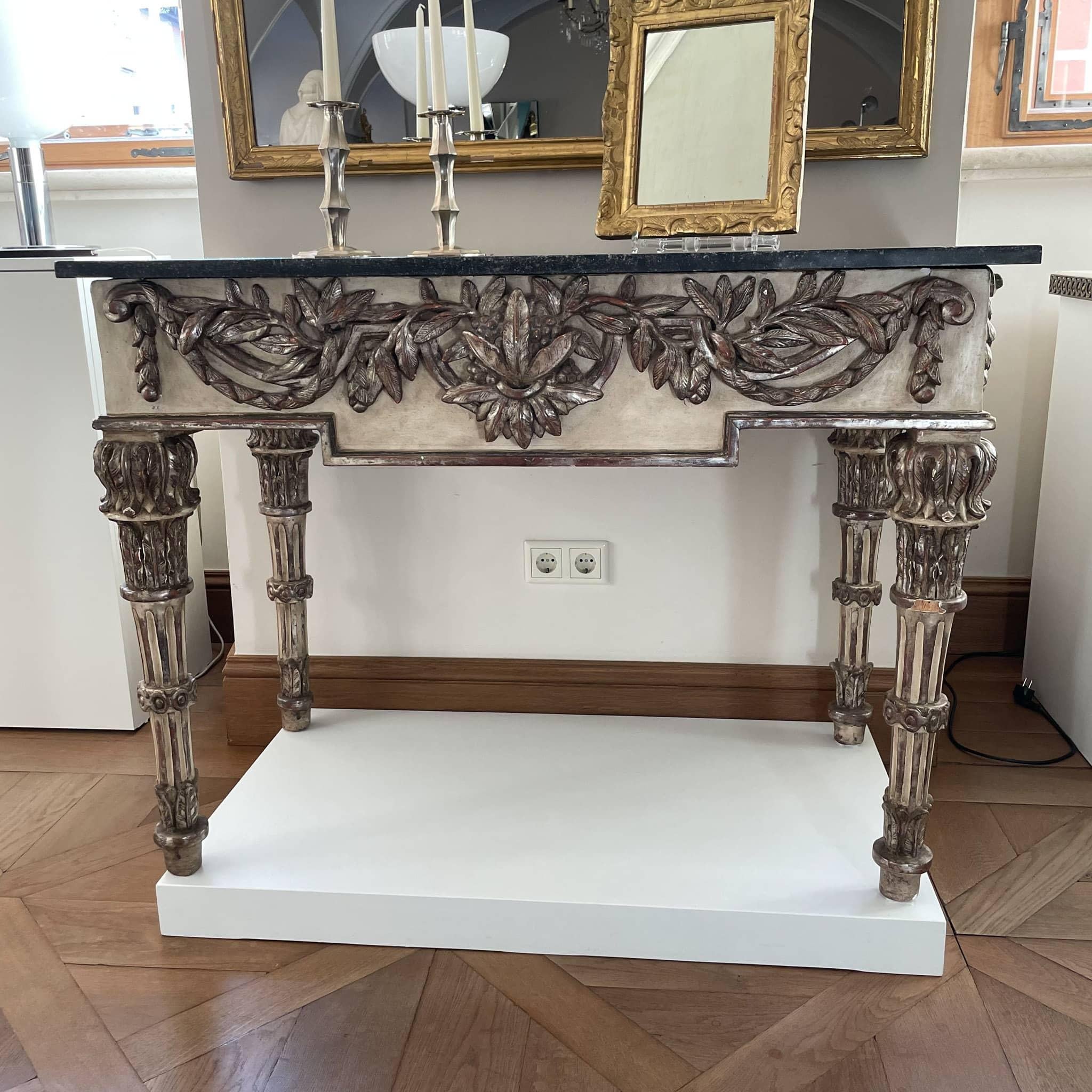 Painted and Silver patinated Console Table with Marble Top, Italian circa 1790 For Sale 2