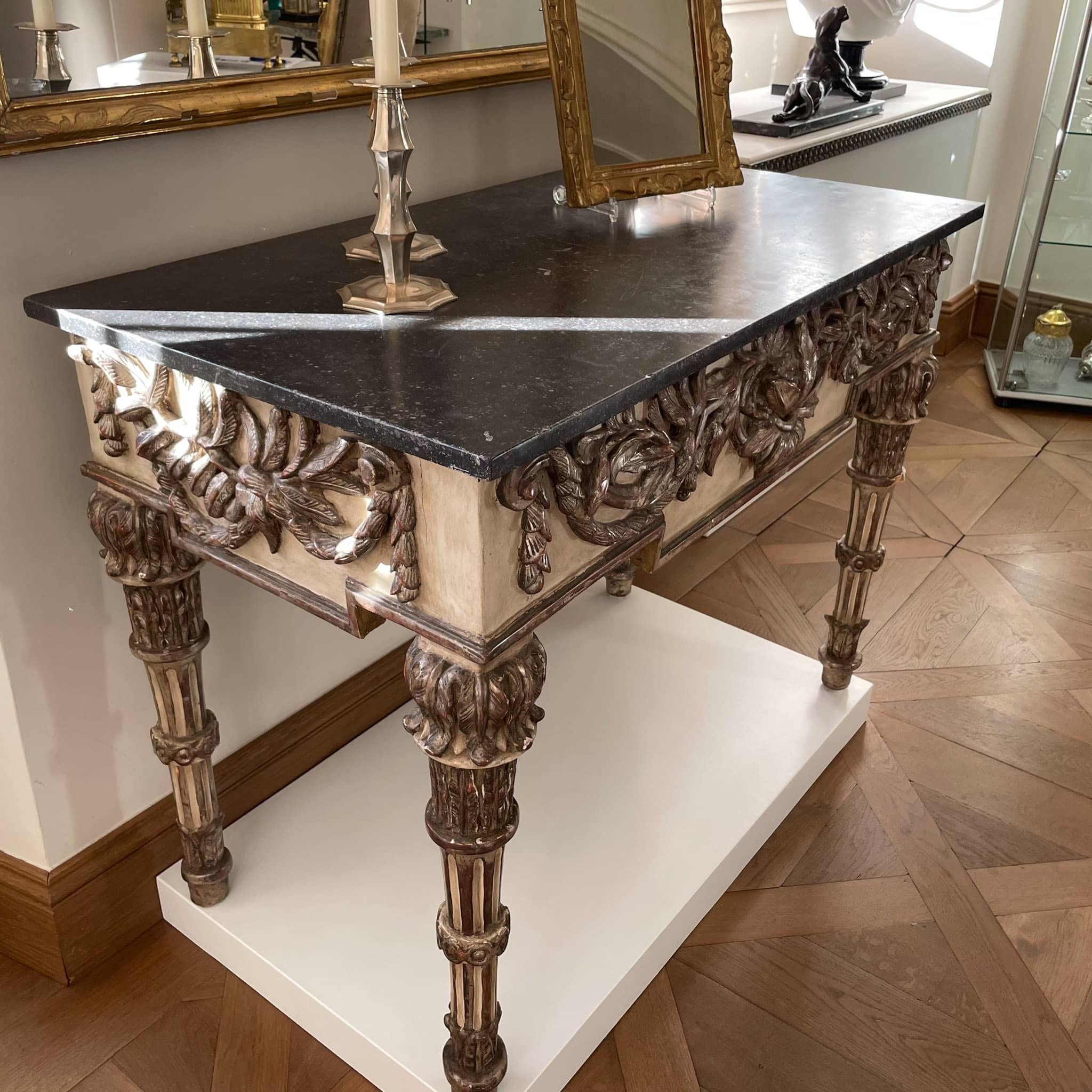Painted and Silver patinated Console Table with Marble Top, Italian circa 1790 For Sale 3
