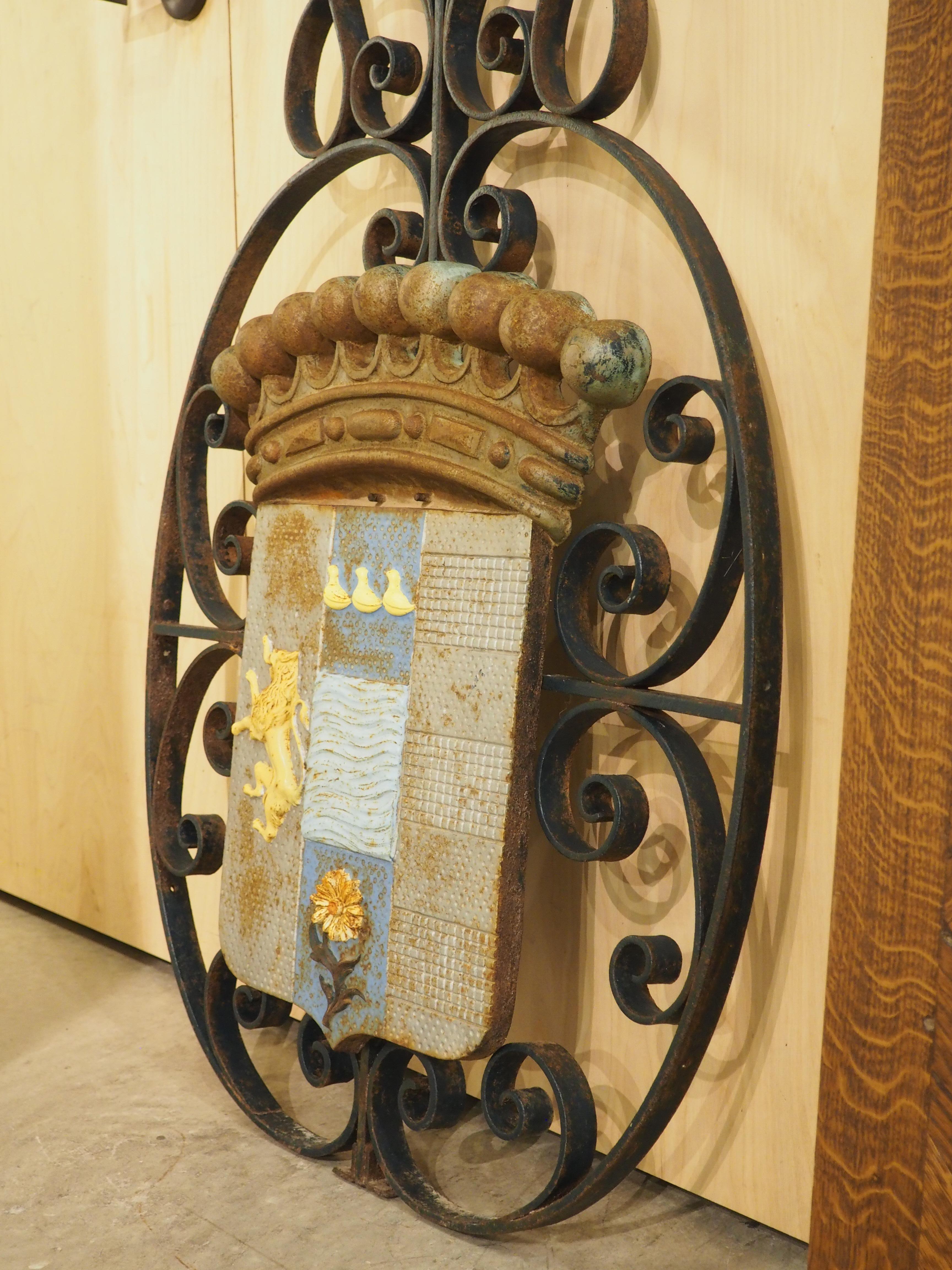 Painted Antique French Coat of Arms Plaque on Wrought Iron Backing, Circa 1900 For Sale 8
