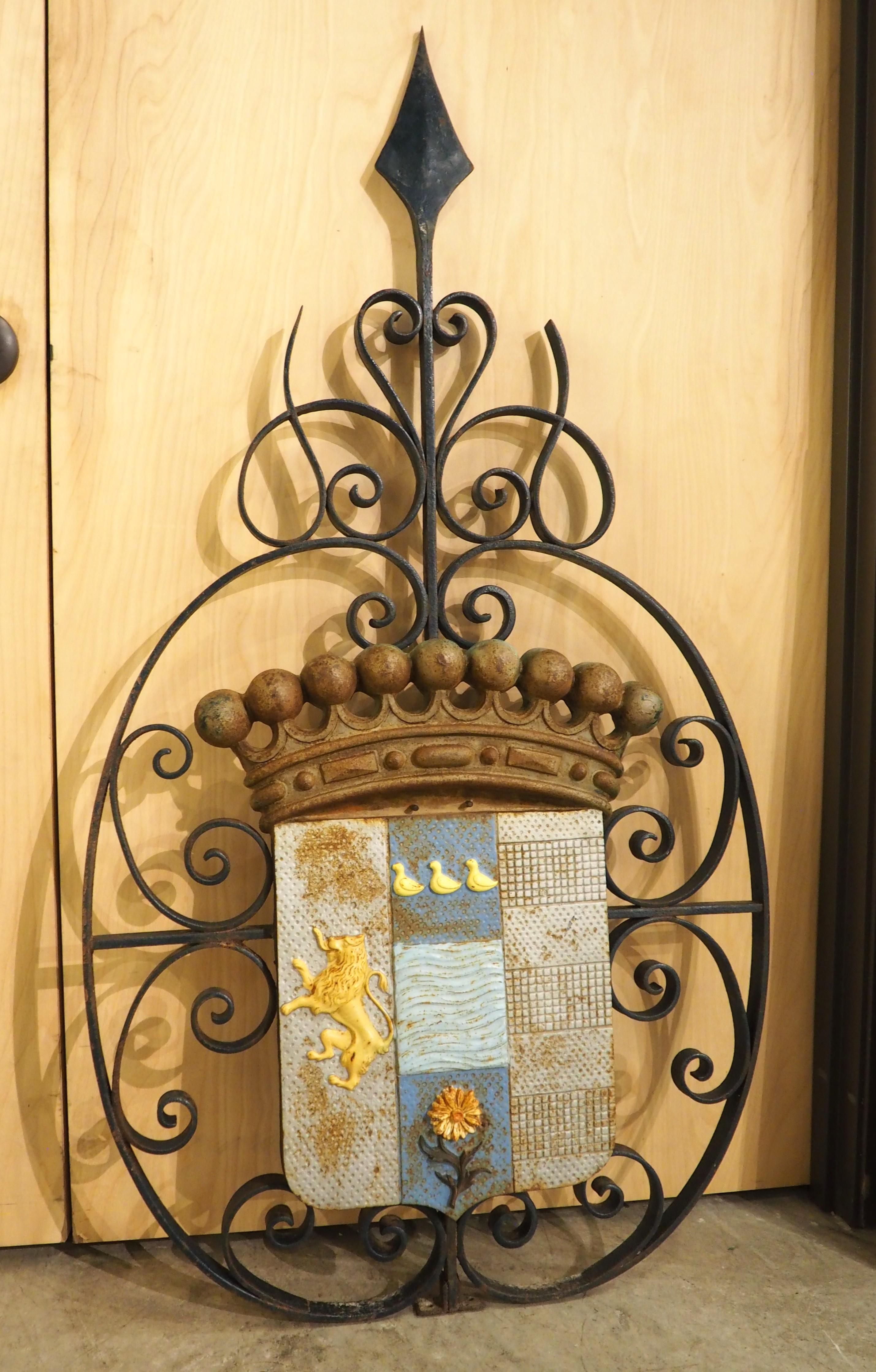 Hand-Painted Painted Antique French Coat of Arms Plaque on Wrought Iron Backing, Circa 1900 For Sale