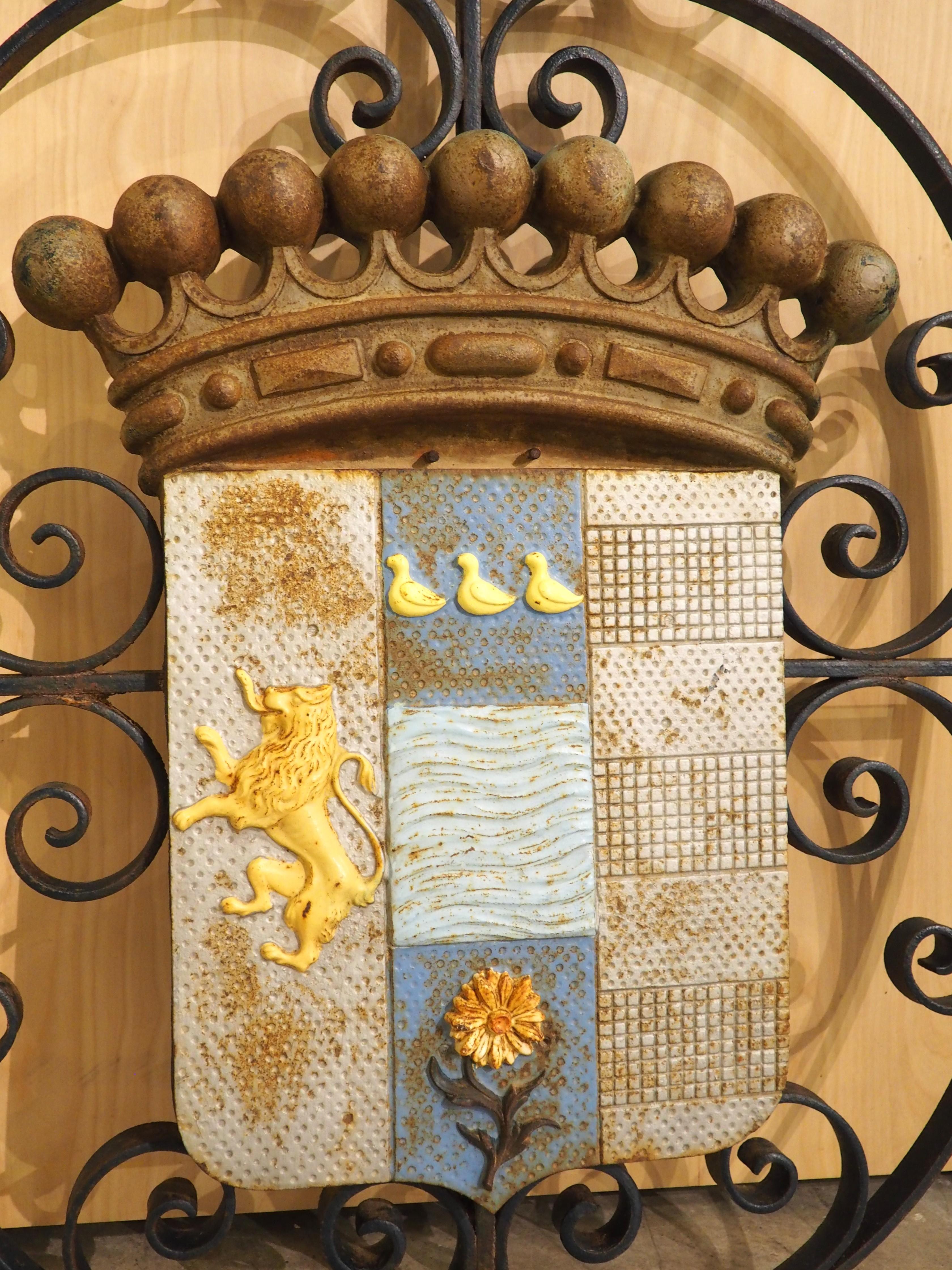Painted Antique French Coat of Arms Plaque on Wrought Iron Backing, Circa 1900 In Good Condition For Sale In Dallas, TX
