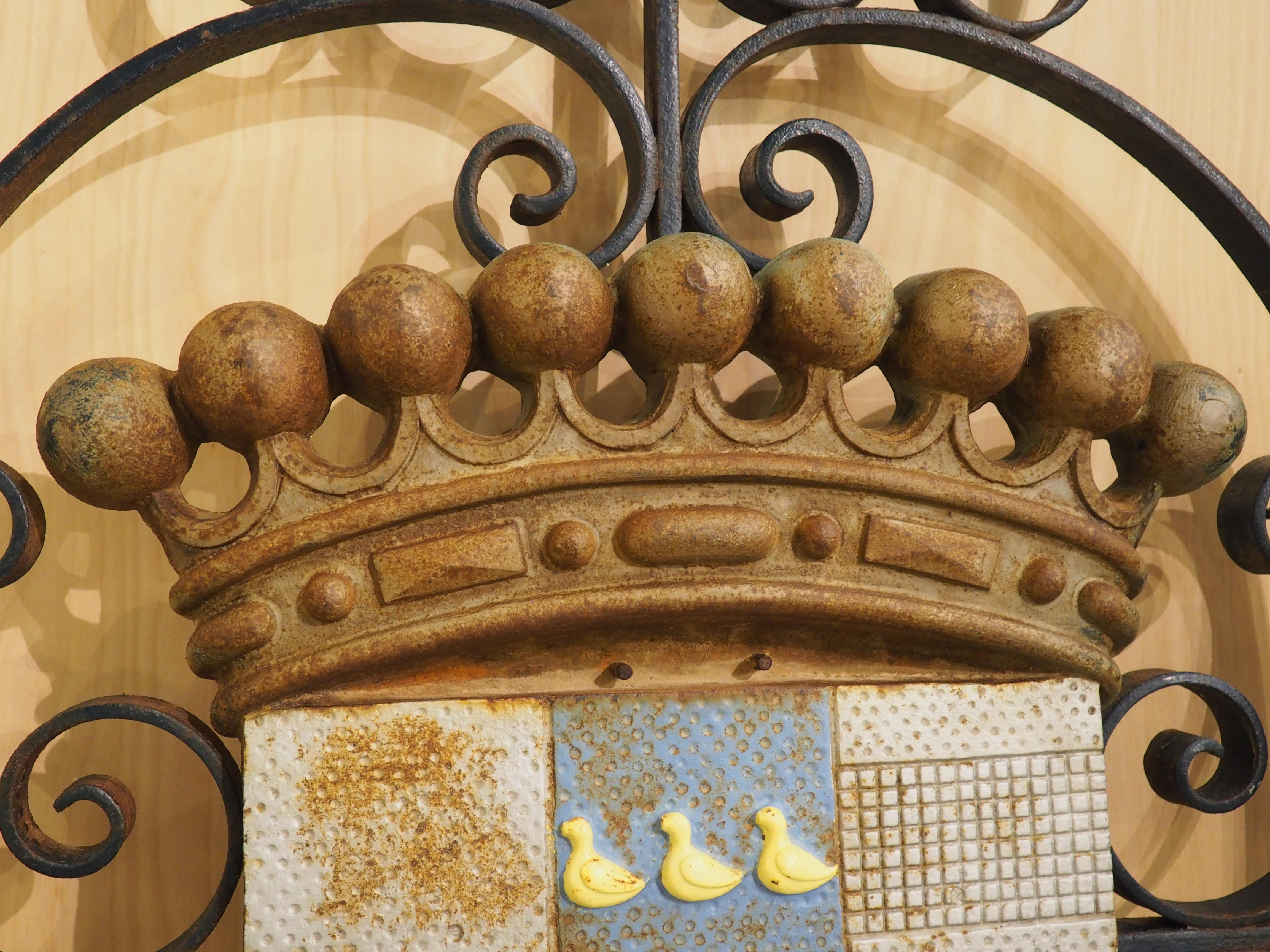 Painted Antique French Coat of Arms Plaque on Wrought Iron Backing, Circa 1900 For Sale 2