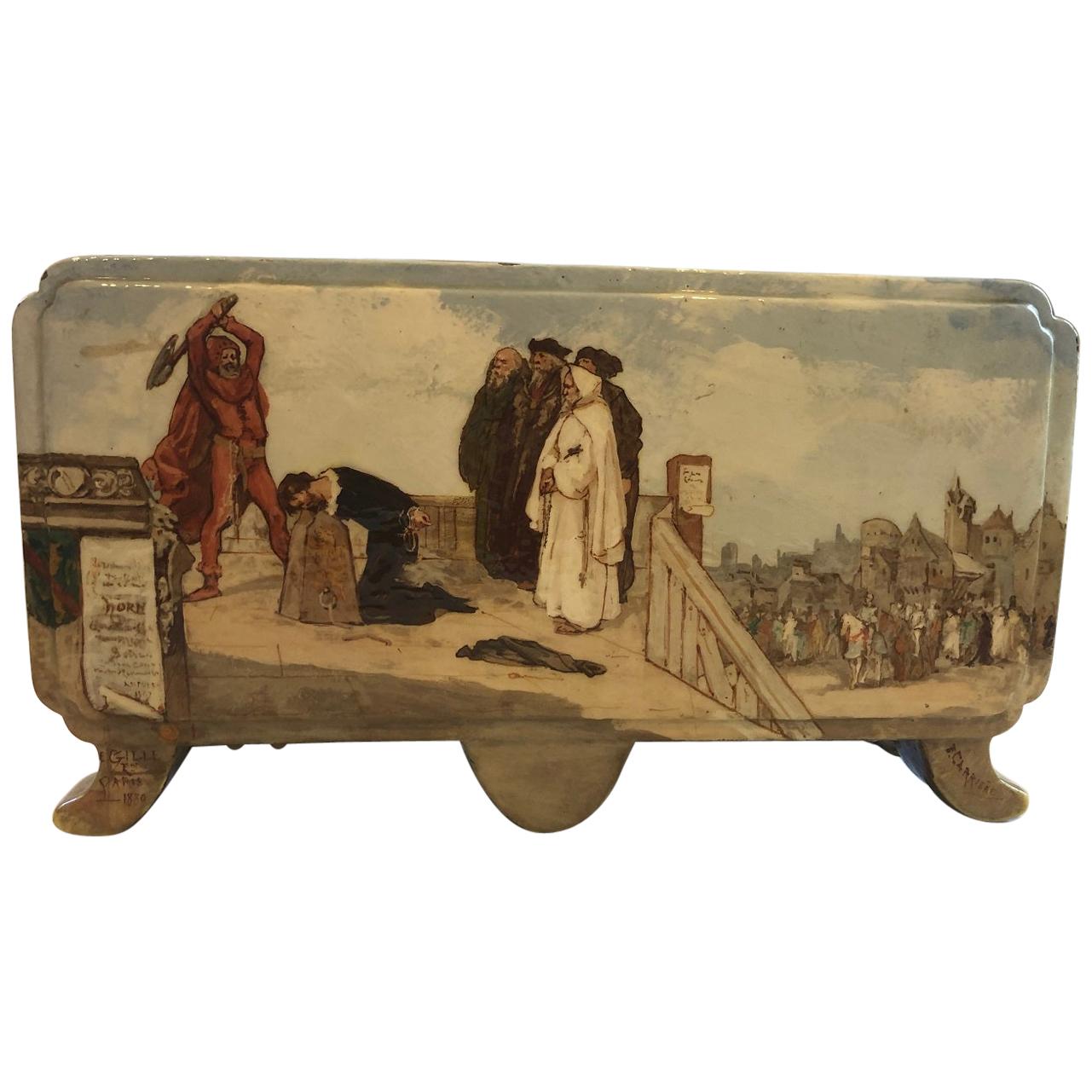 Painted Antique French Jardiniere "the Beheading" by E Gille, 1880 For Sale