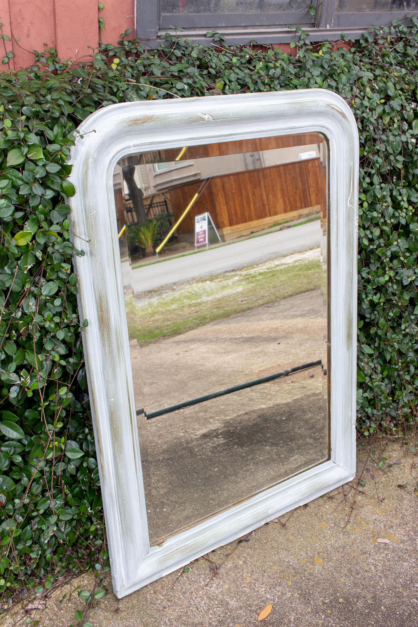Painted Antique French Louis Philippe Beveled Glass Mirror in Gray Finish 5