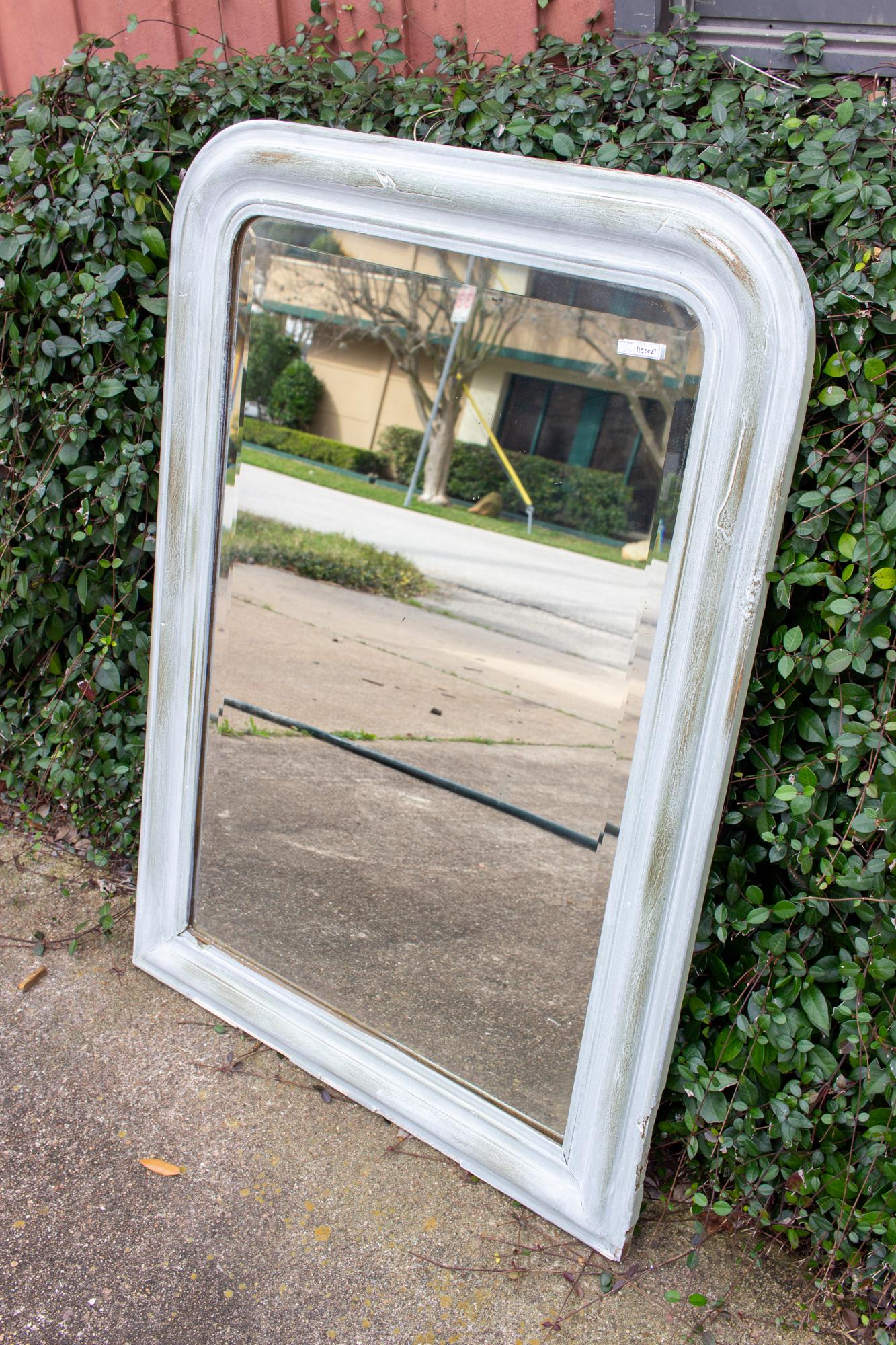 Painted Antique French Louis Philippe Beveled Glass Mirror in Gray Finish 6