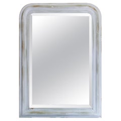 Painted Antique French Louis Philippe Beveled Glass Mirror in Gray Finish