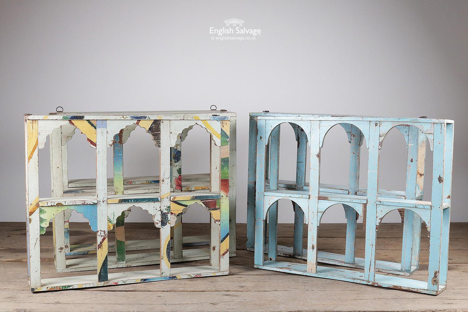 Pretty hardwood shelving units with arched detail above each of the six compartments. Lovely soft paint colours. Hanging rings to backs but could also be freestanding. Please note being unique, hand finished items the colours and designs will vary.