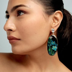 Painted Bakelite Floral Drop Earrings in 18K Gold with Topaz & Diamonds