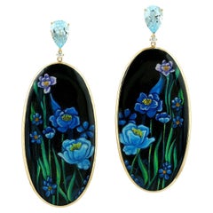 Painted Bakelite Floral Drop Earrings in 18K Gold with Topaz & Diamonds