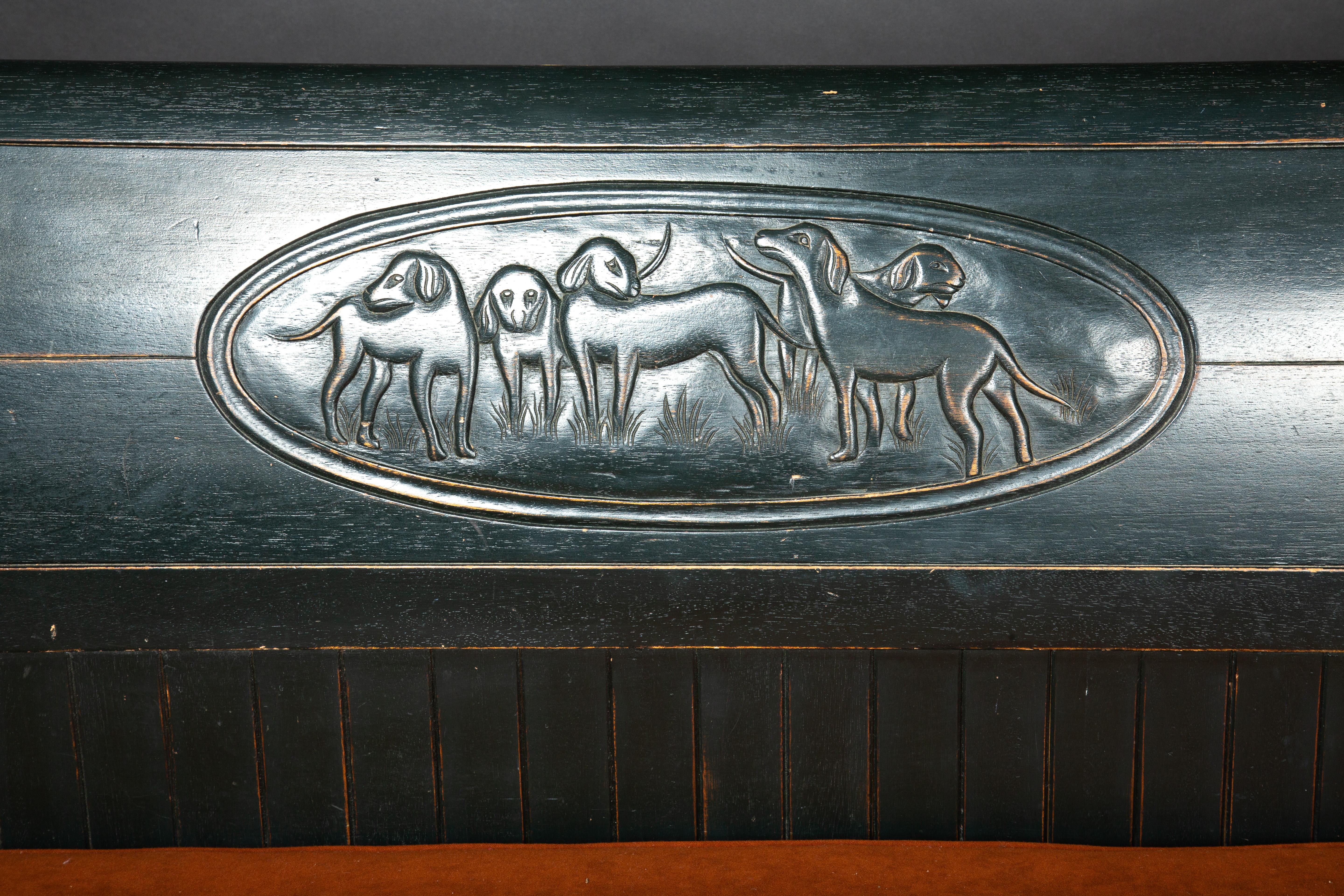 Country Painted Black Bench with Carved Dog Hunting Group
