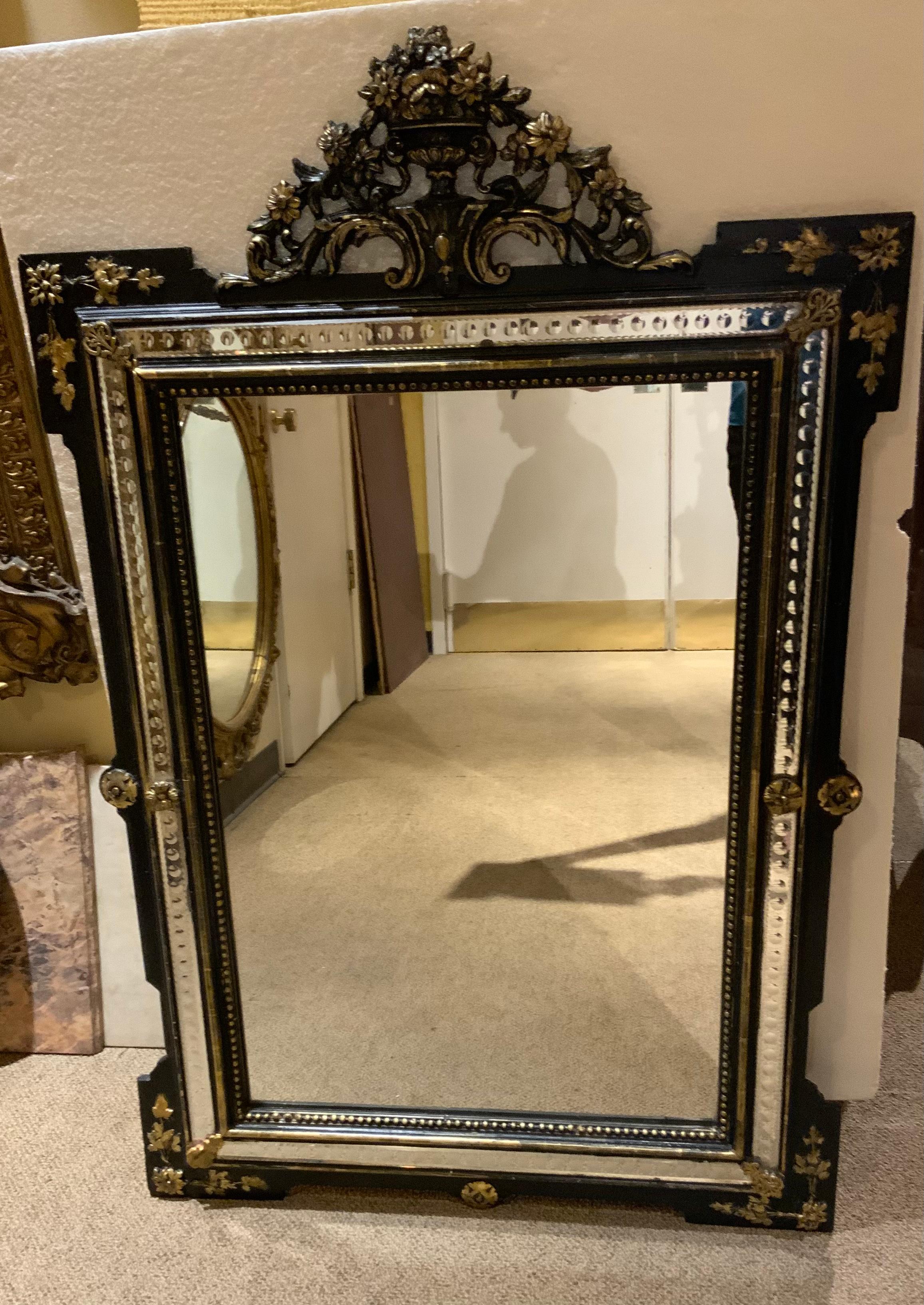 Painted Black Framed Mirror with Gilt Embellishments For Sale at 1stDibs