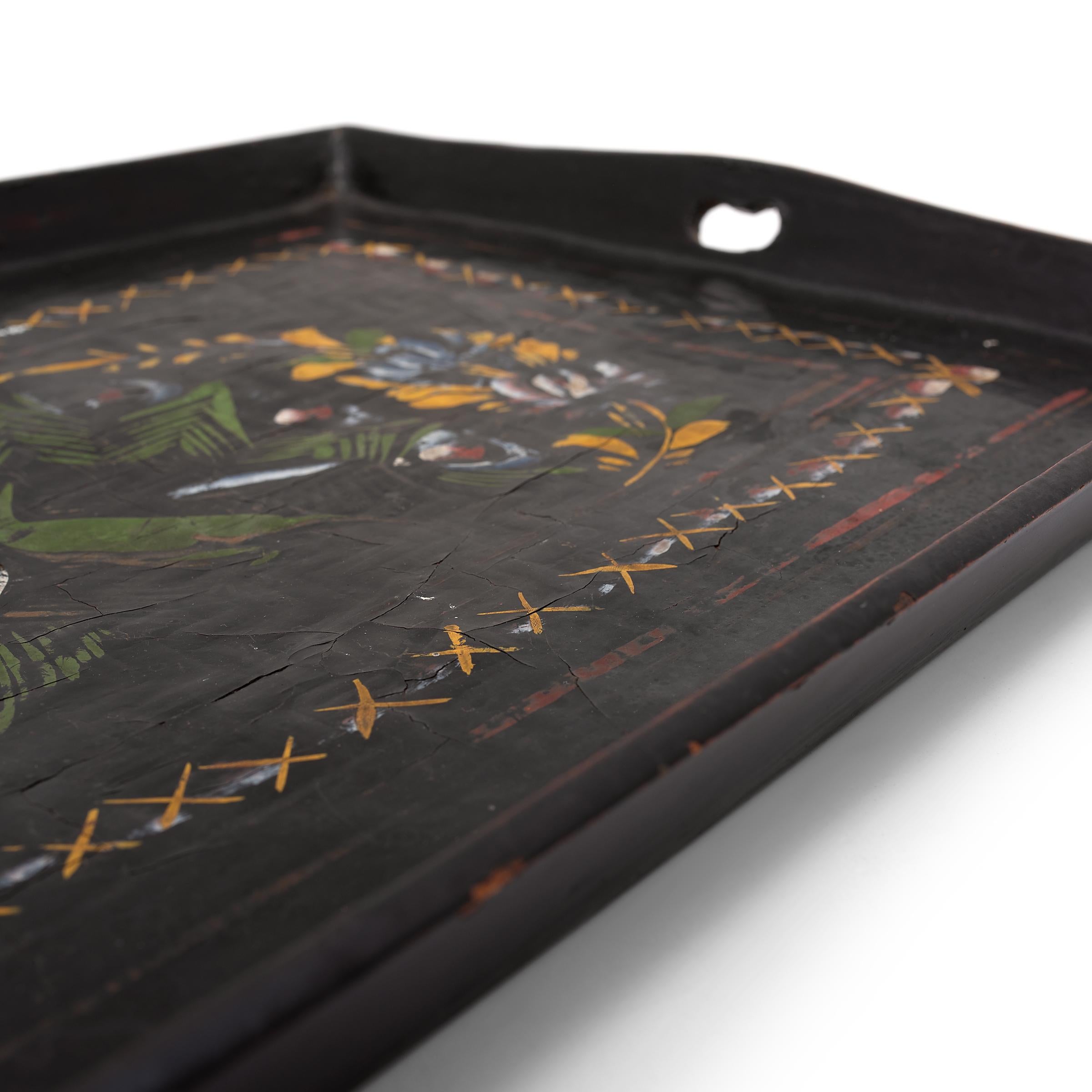 Folk Art Painted Black Lacquer Tray