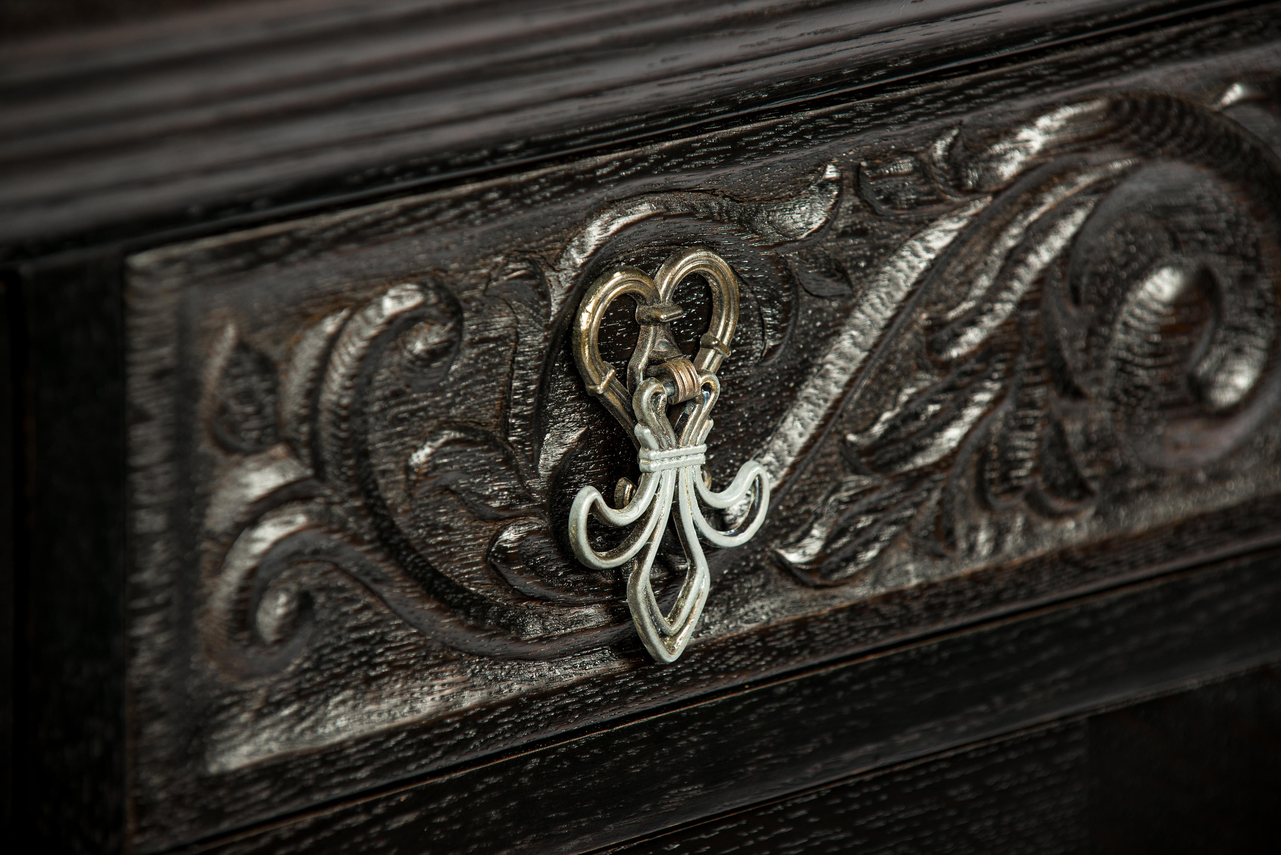 Painted Black Oak Belgian Server Buffet or Credenza, Gothic Revival, 1920  5