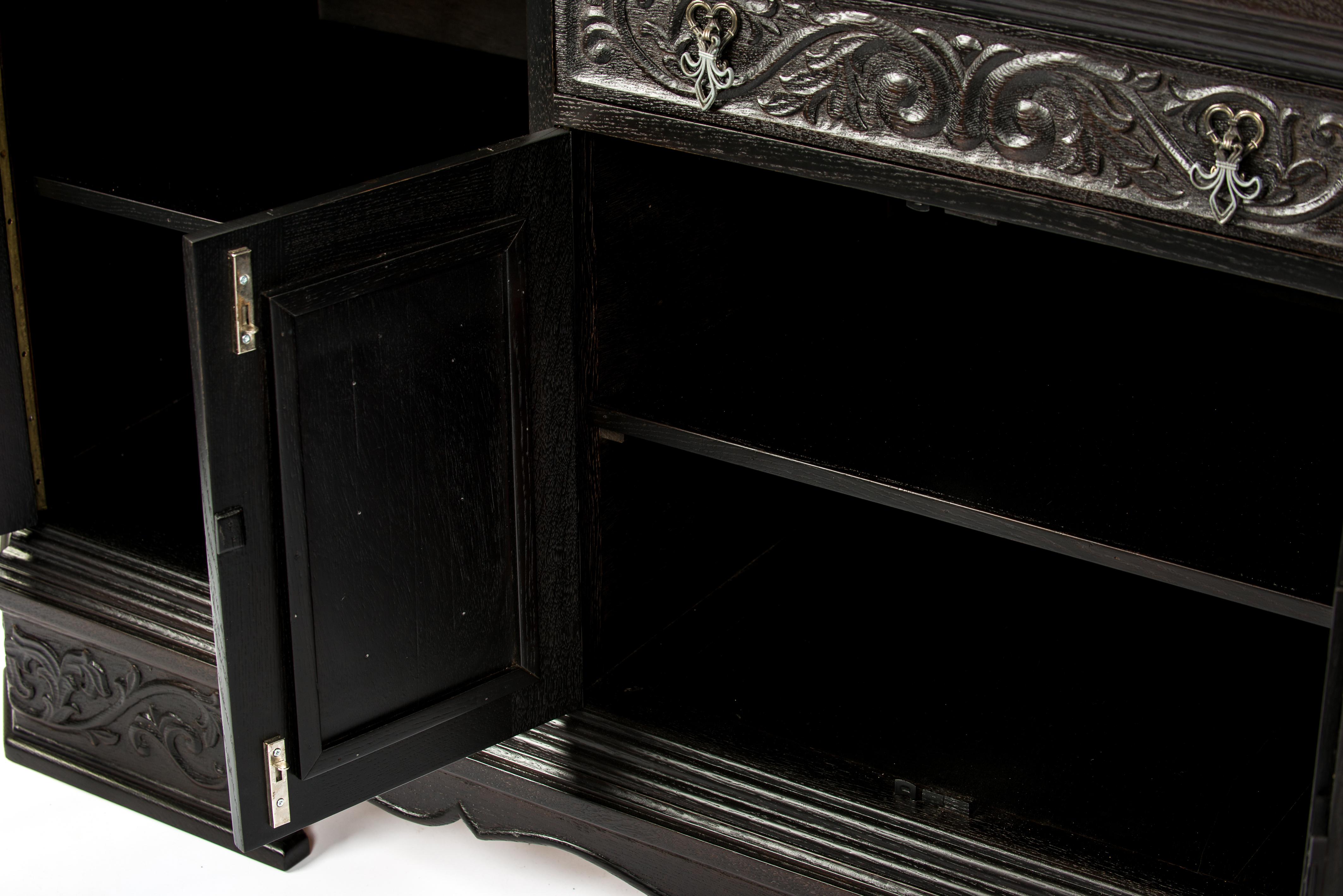 Painted Black Oak Belgian Server Buffet or Credenza, Gothic Revival, 1920  7