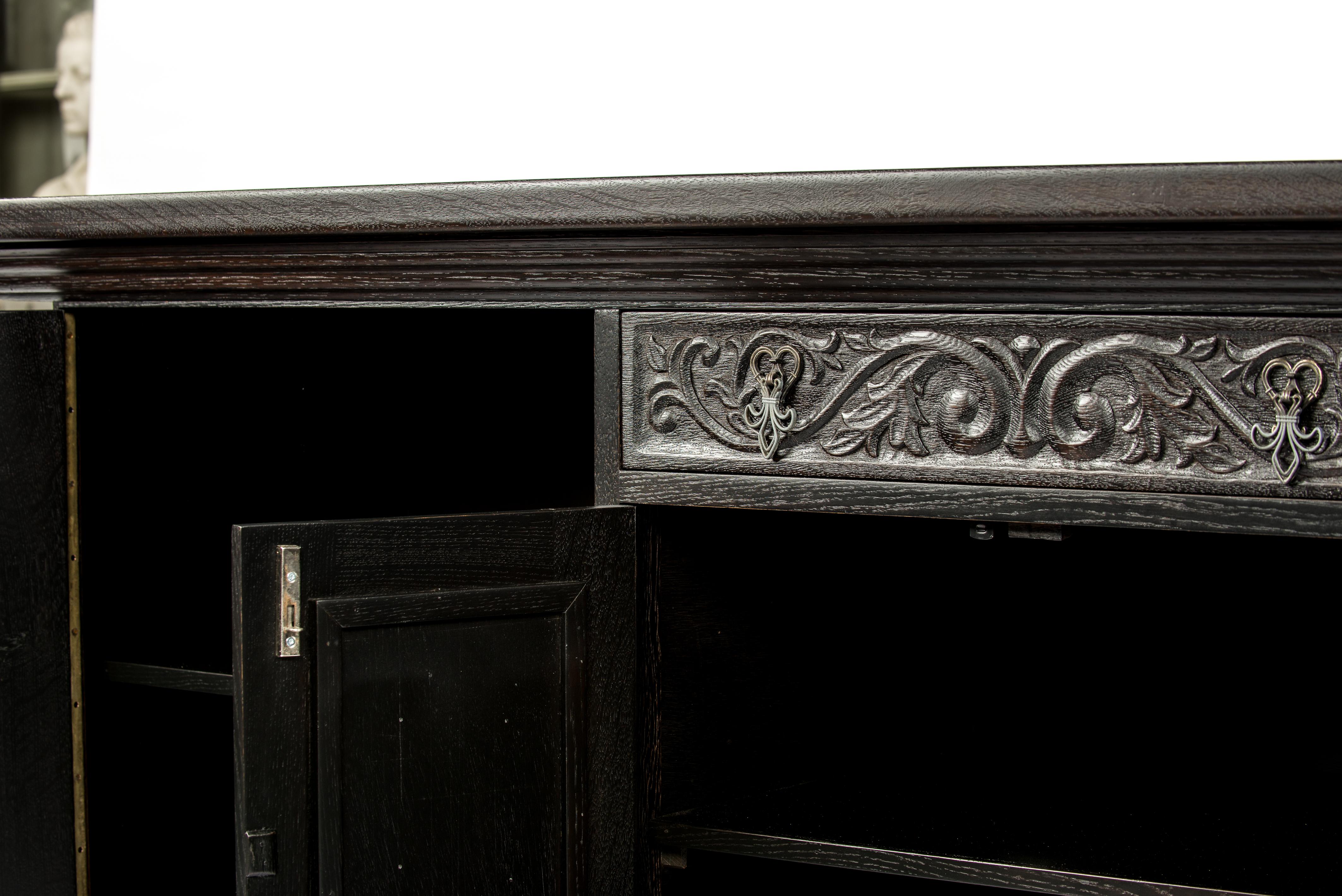 Painted Black Oak Belgian Server Buffet or Credenza, Gothic Revival, 1920  8