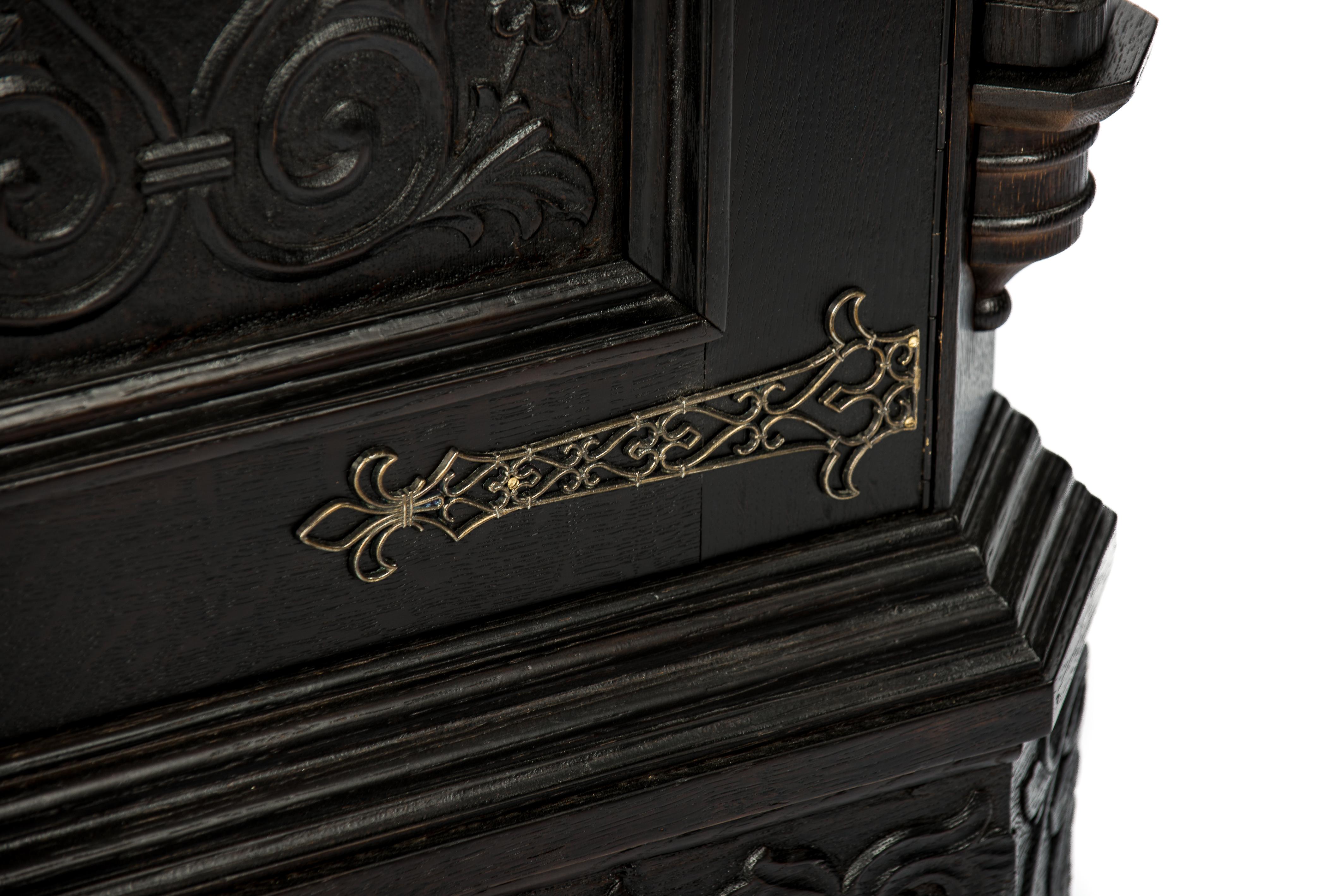Carved Painted Black Oak Belgian Server Buffet or Credenza, Gothic Revival, 1920