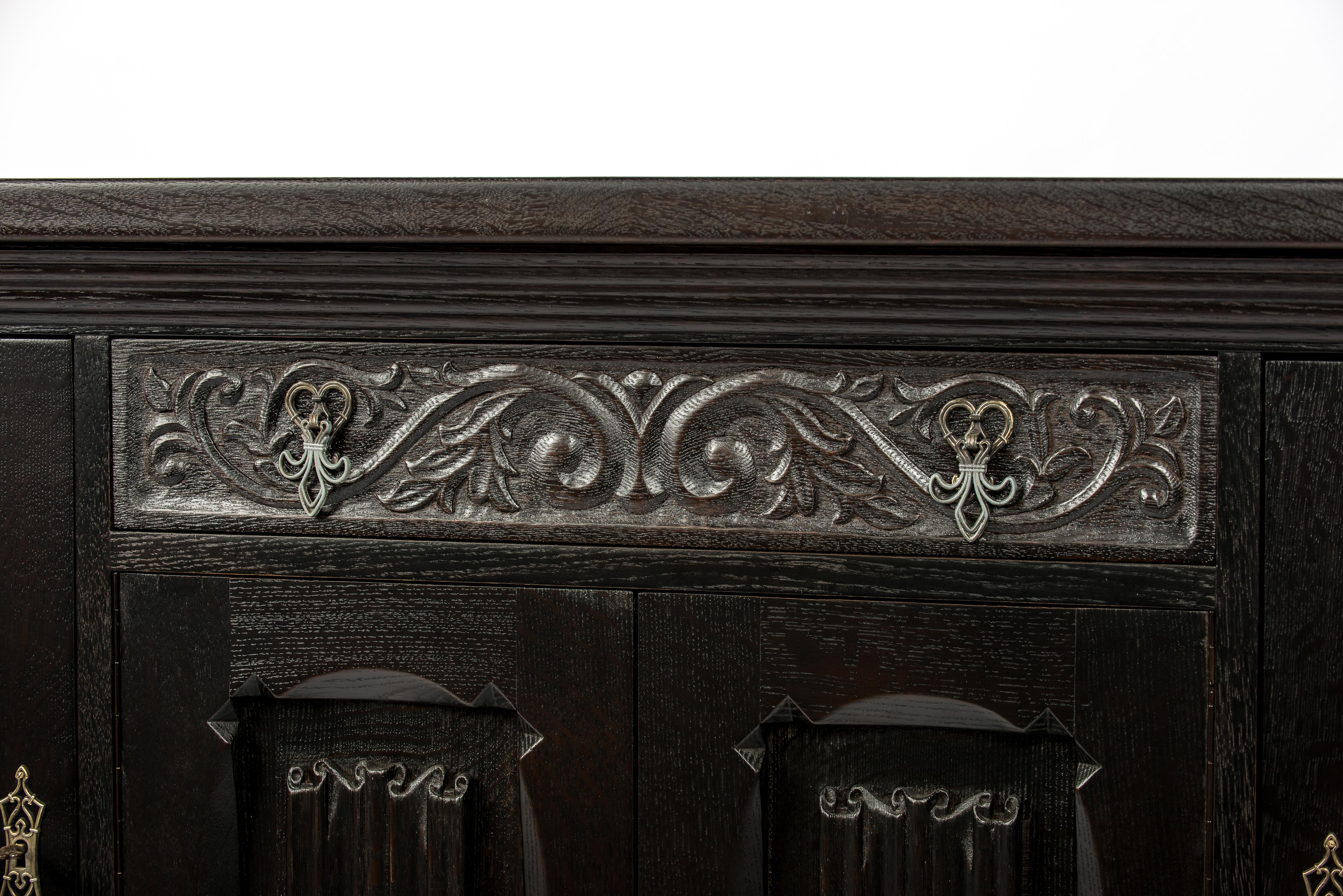 Painted Black Oak Belgian Server Buffet or Credenza, Gothic Revival, 1920 In Good Condition In Casteren, NL