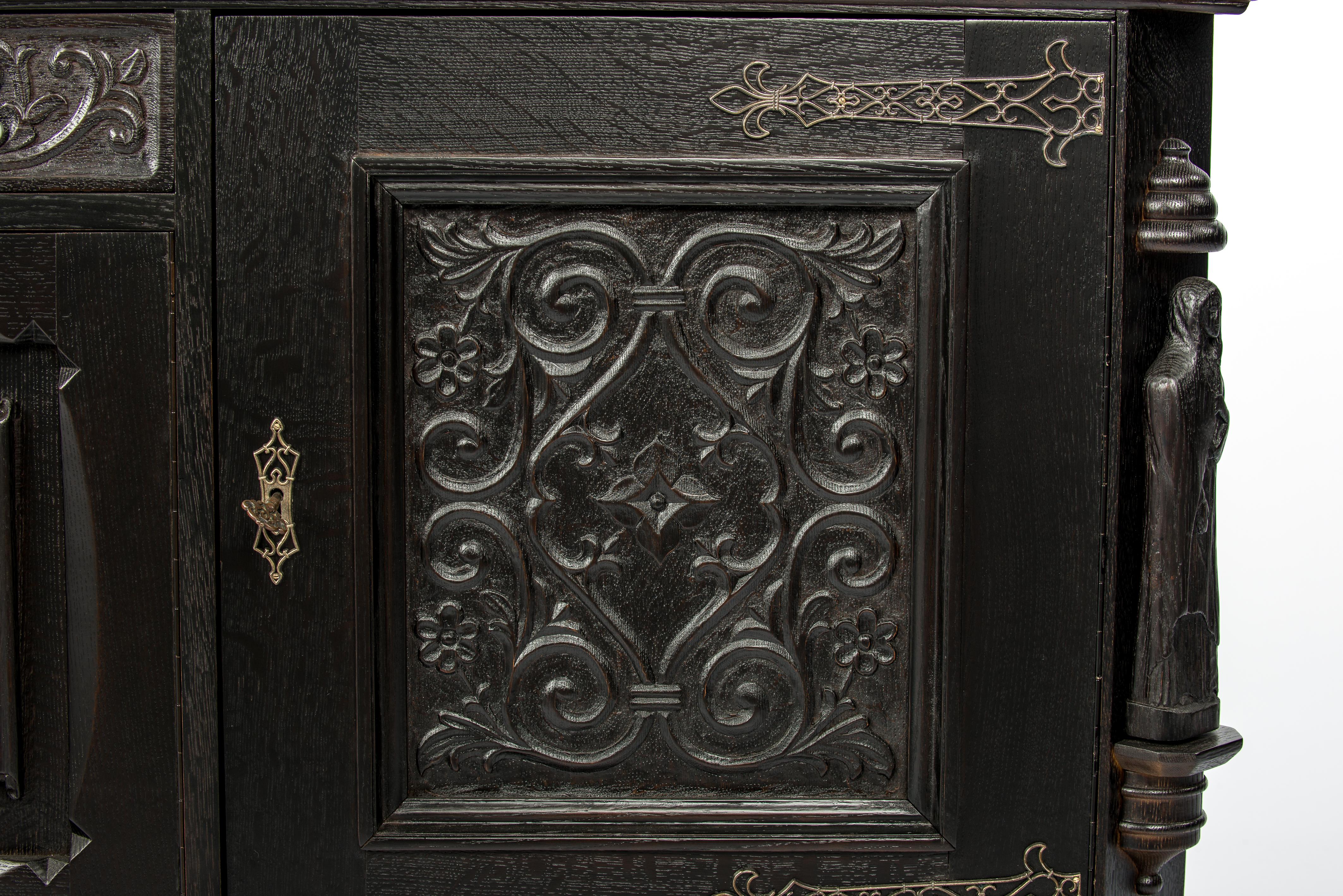 20th Century Painted Black Oak Belgian Server Buffet or Credenza, Gothic Revival, 1920