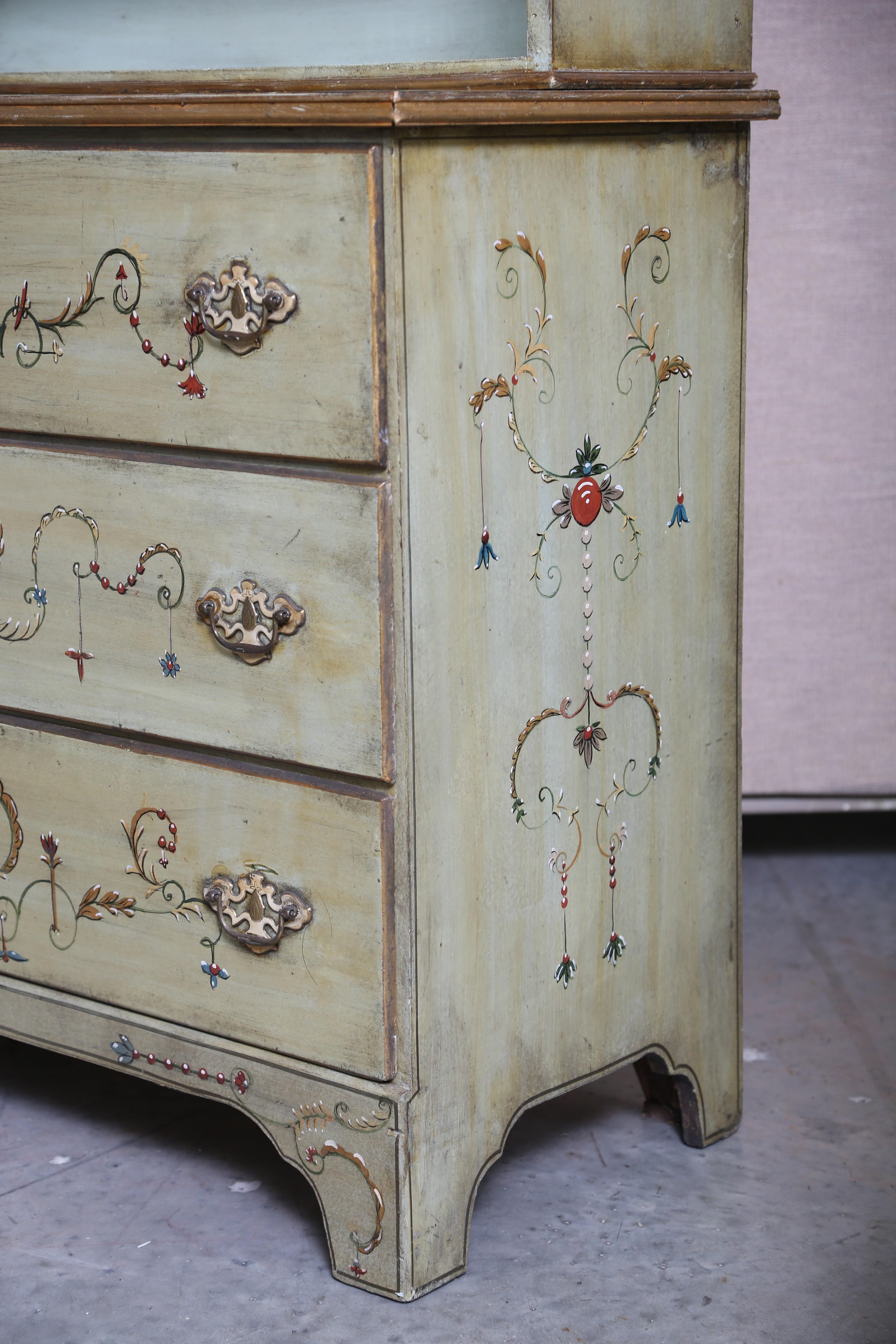 English Two Part Bureau Bookcase-Hand Painted in a Classical Style
