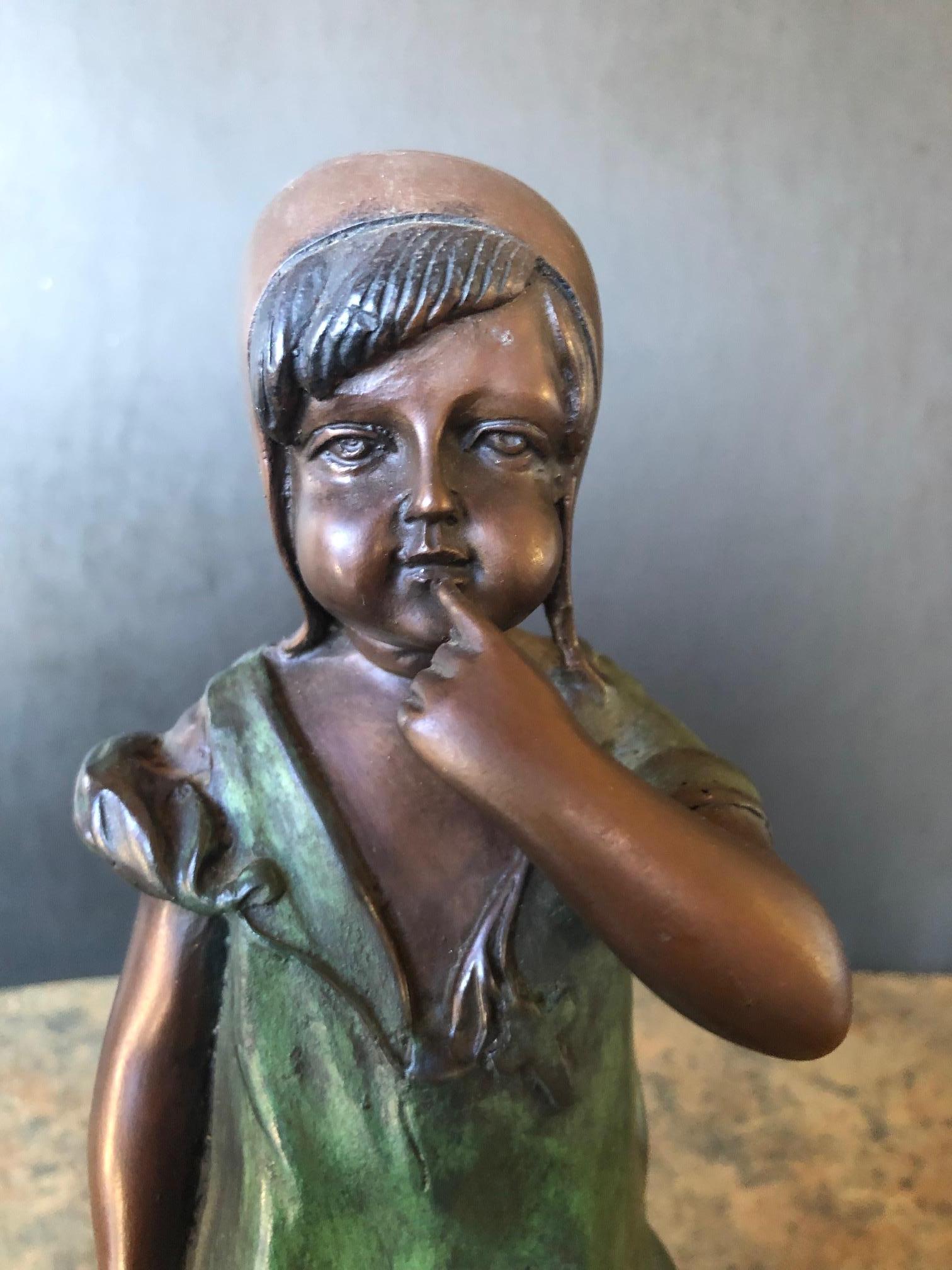 Painted Bronze Sculpture of a Young Girl by A Moreau In Good Condition For Sale In San Diego, CA