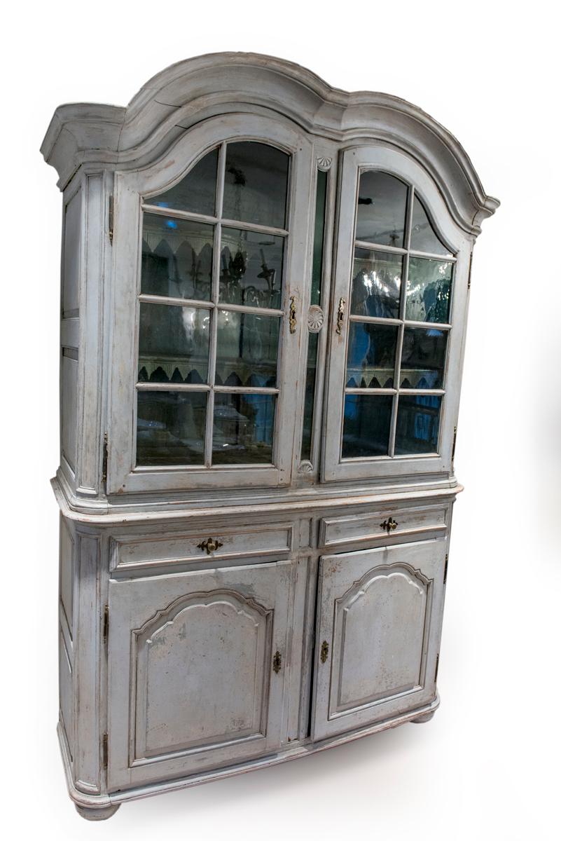 French Provincial Painted Buffet du Corps two-Piece cupboard with glass doors.