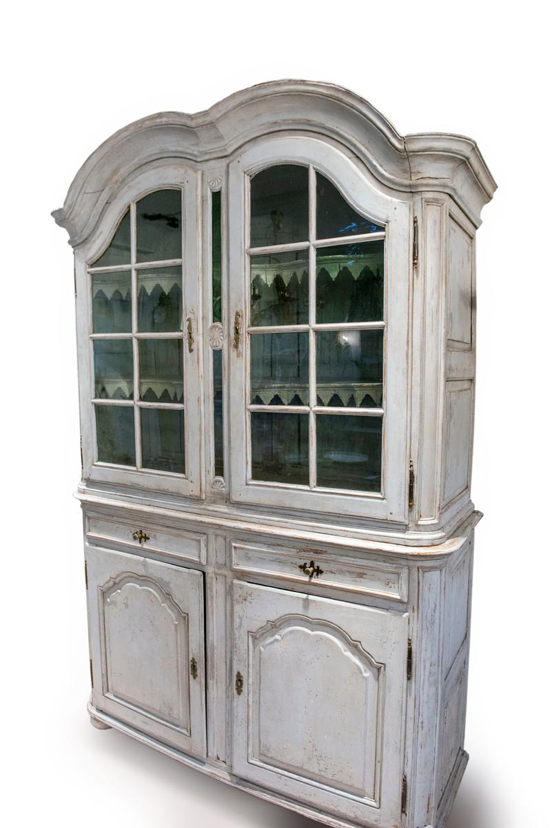 French Painted Buffet du Corps two-Piece cupboard with glass doors.