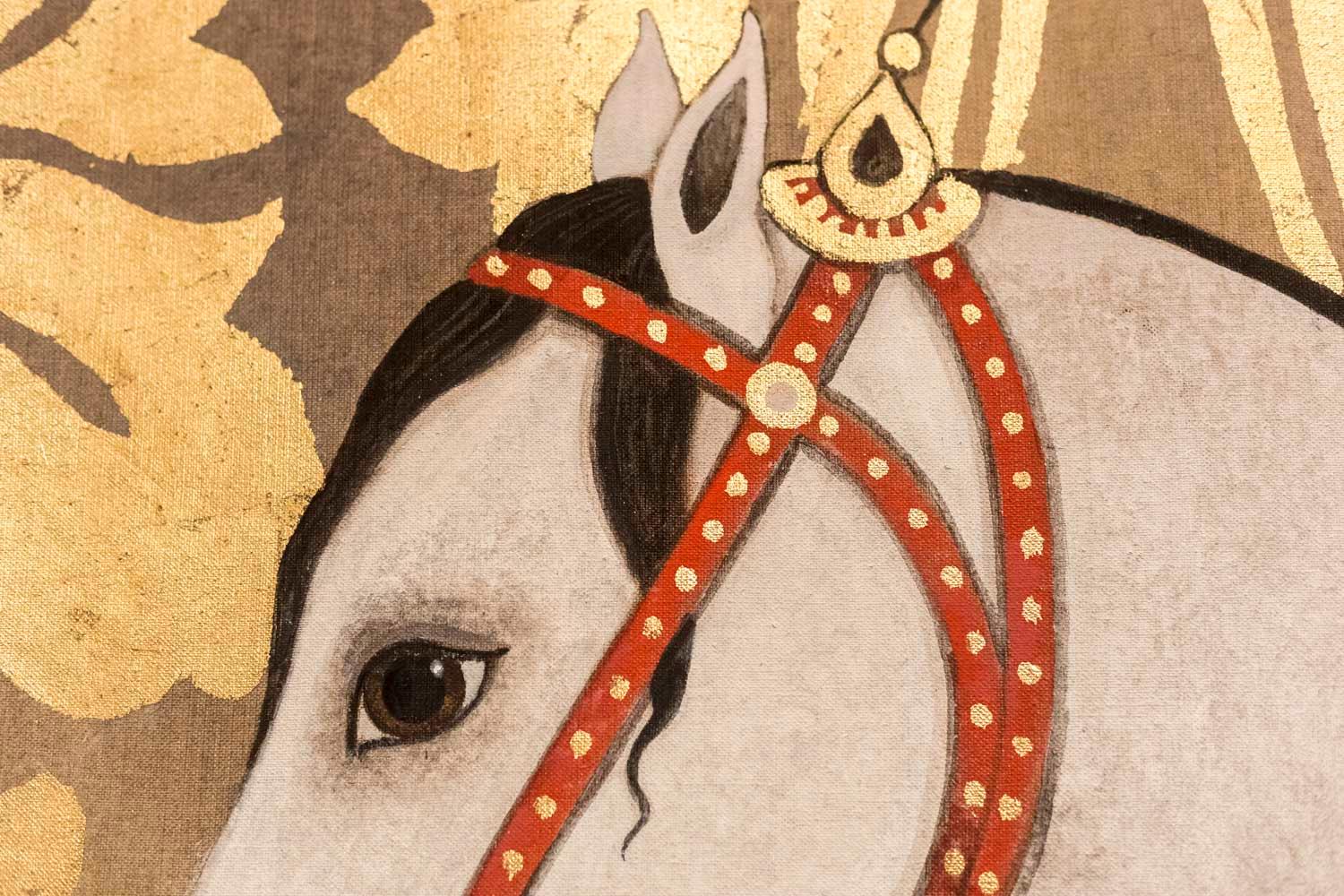 Painted canvas figuring a profile white and orange Arabian horse with a dark mane. It wears an orange harness decorated with gilt stones and a plume on its head. A person rides it but we only perceived his long white ochre stripped coat with orange