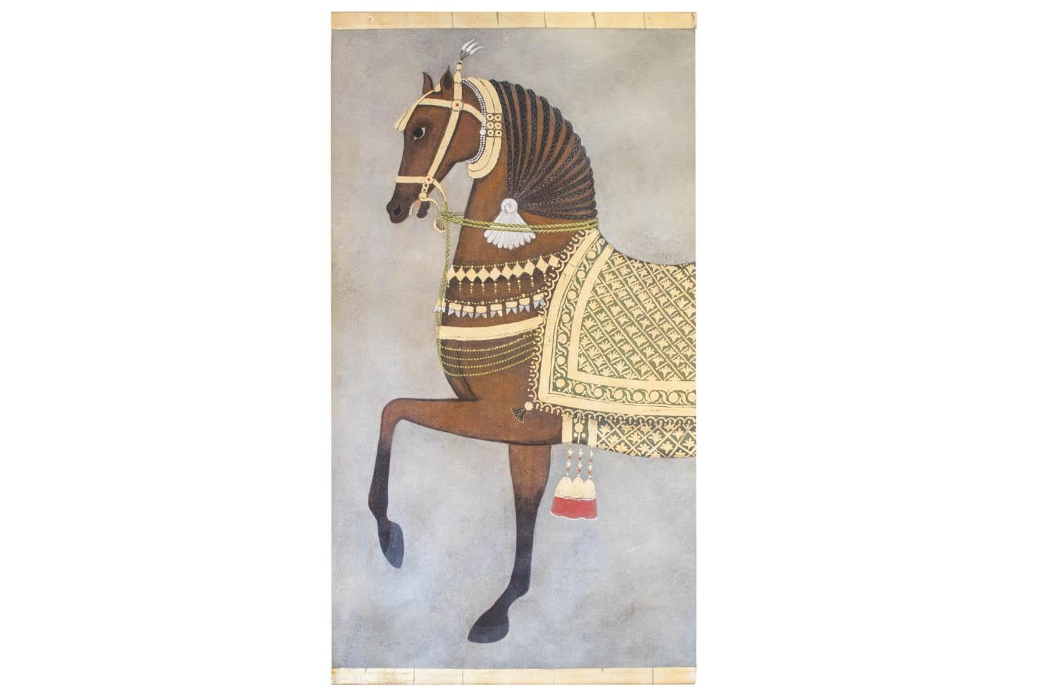 Painted canvas figuring a side view brown Arabian horse with dark braided mane held by a white pompon. It wears a gilt harness and is adorned with green beads and gilt ornamentation on the chest. On its back a green saddle pad with lattices and gilt