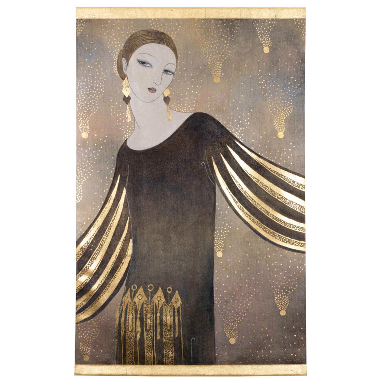Painted Canvas, Art Deco Style Woman Portrait, Contemporary Work For Sale