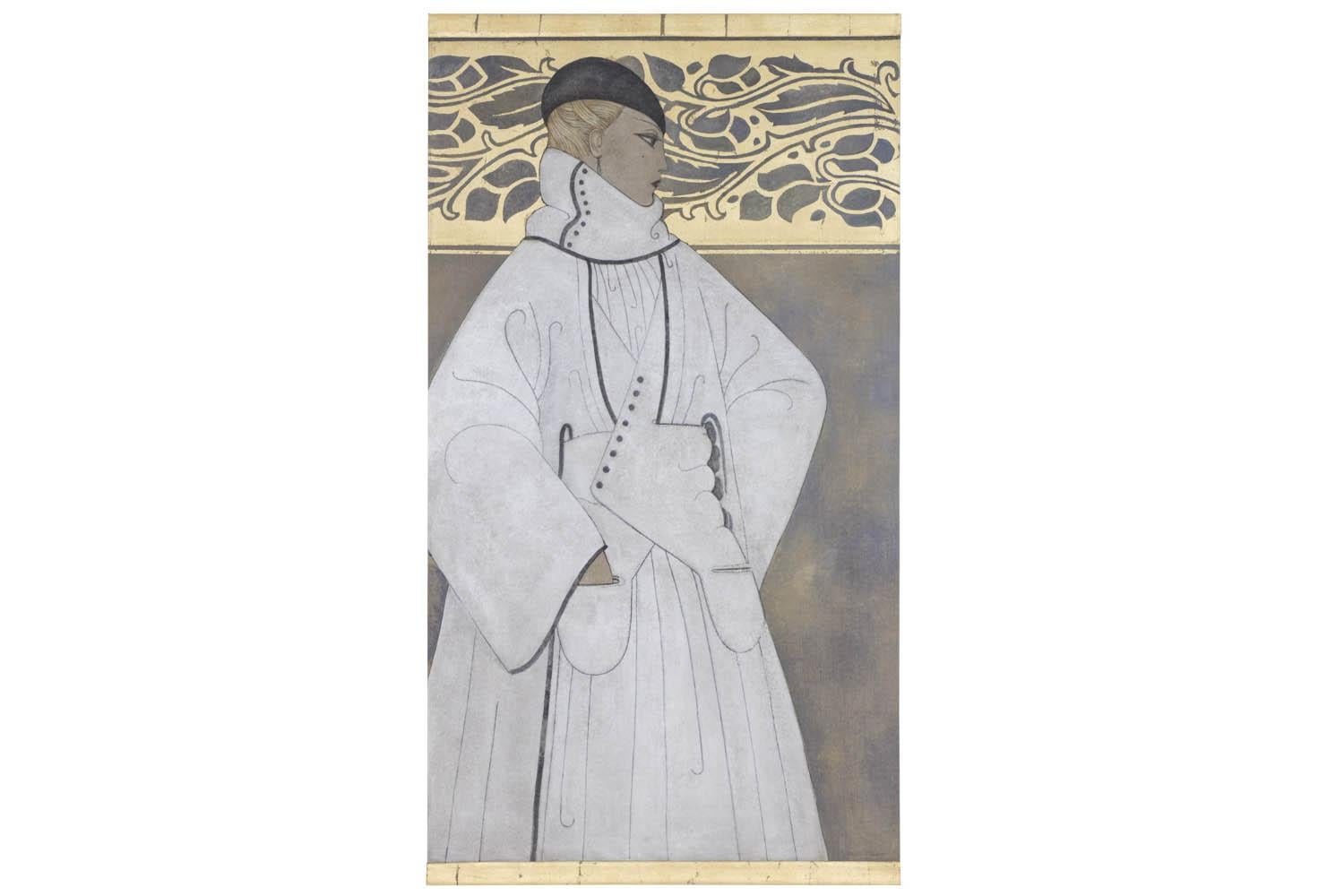 Painted canvas figuring a side view Art Deco woman. She wears a large white coat with black pipings and buttons. She has blond hair and wears a black hat on her head.
Blue and brown background with a top gilt frieze with foliage scrolls