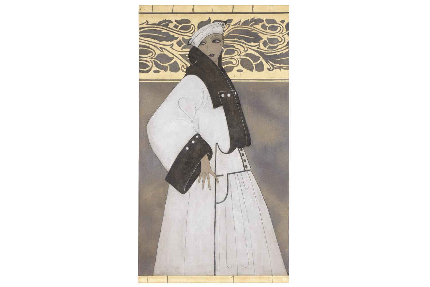 Painted canvas figuring a side view Art Deco woman who turns her head to us. She wears a large white coat with black collar, sleeves, pipings and buttons. She wears a white hat on her head.
Blue and brown background with a top gilt frieze with
