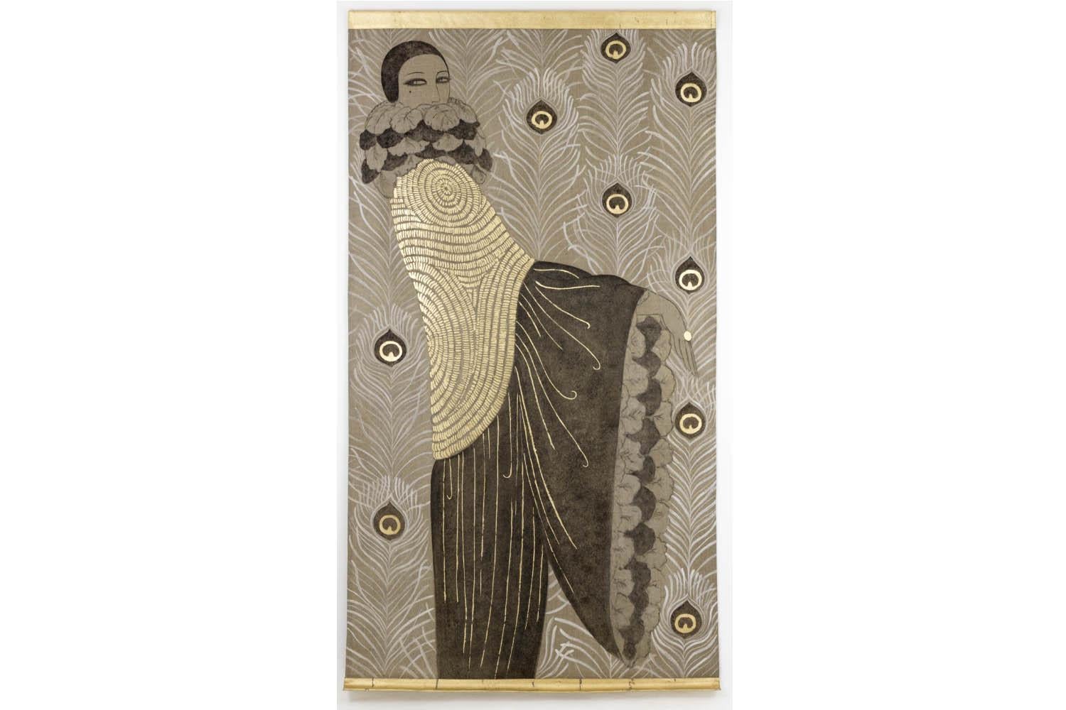 !Product made on order!

Painted canvas figuring a side view Art Deco woman. She wears a coat with gilt and black geomtrical motifs, with large flounced sleeves and a large feathers collar. She turns her face to us, half hidden by the collar and