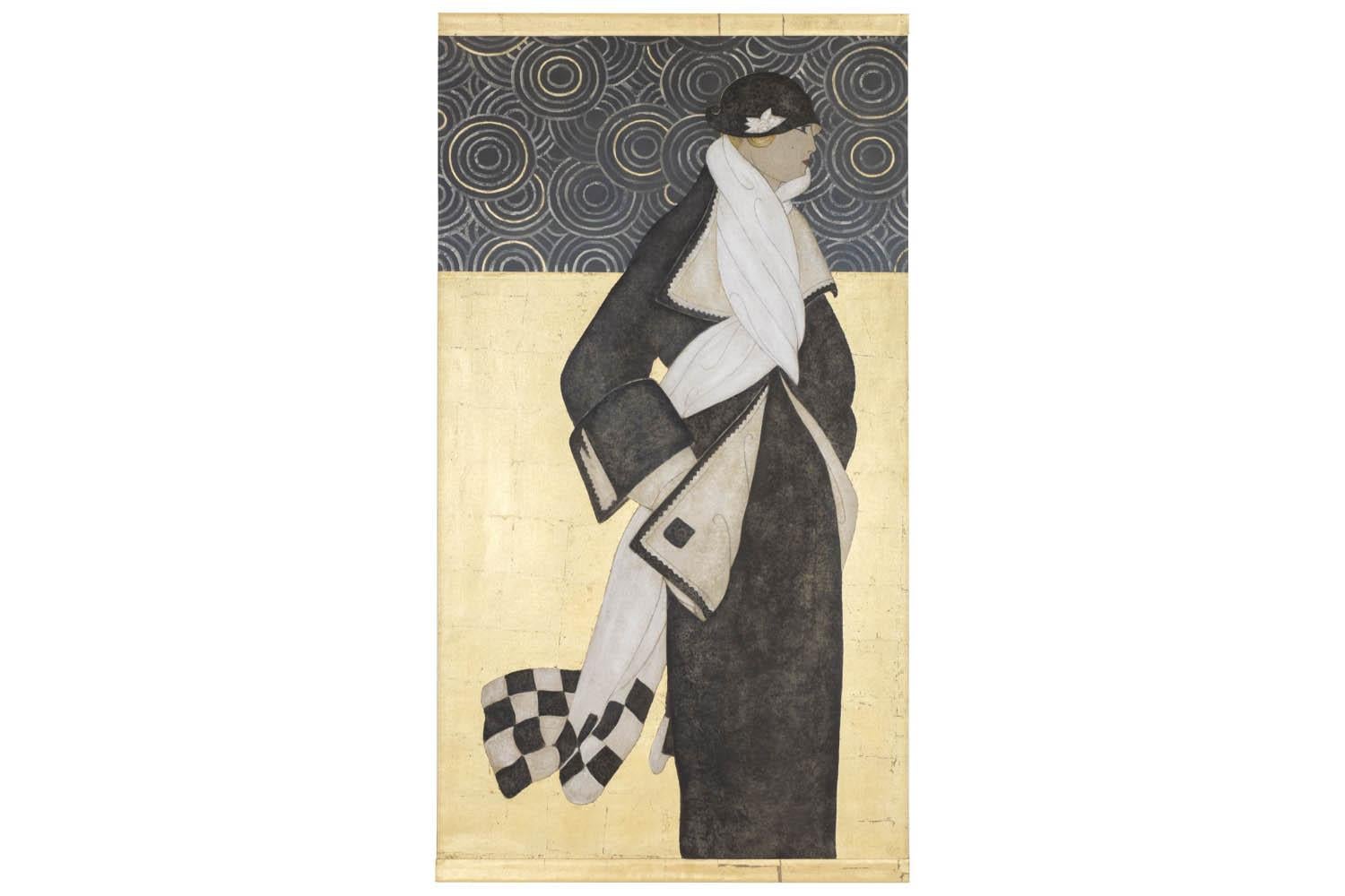 Painted canvas figuring a side view Art Deco woman. She wears a large black coat with white collar and interior. She wears a black hat on her head adorned with a white flowers and a long white scarf with black checkerboard motifs around her