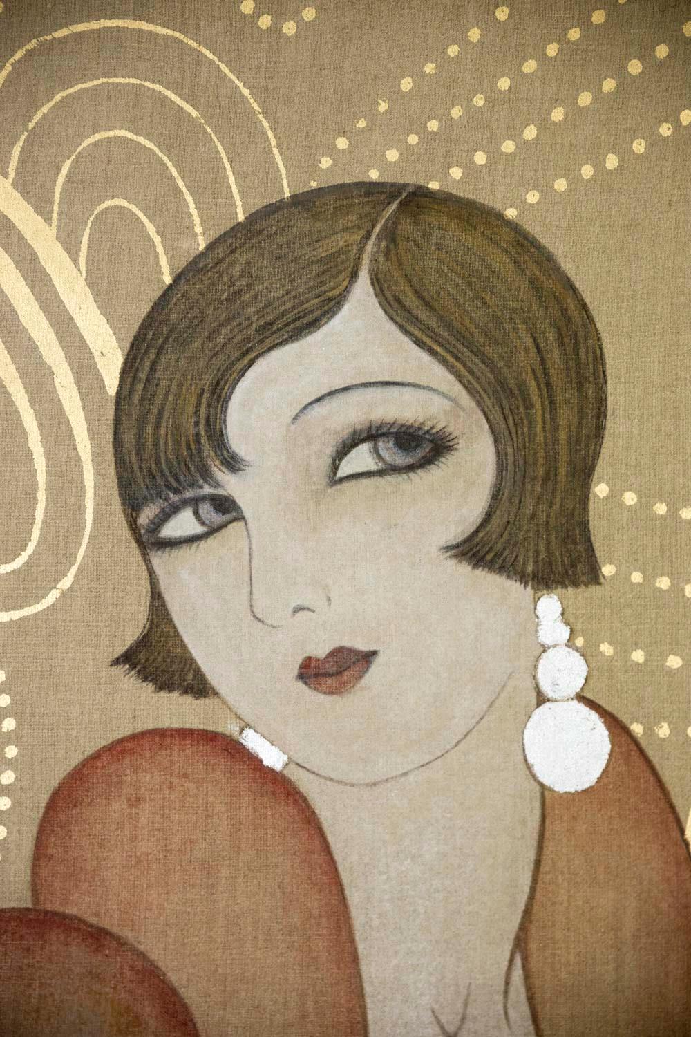 European Painted Canvas, Art Deco Woman, Contemporary Work For Sale