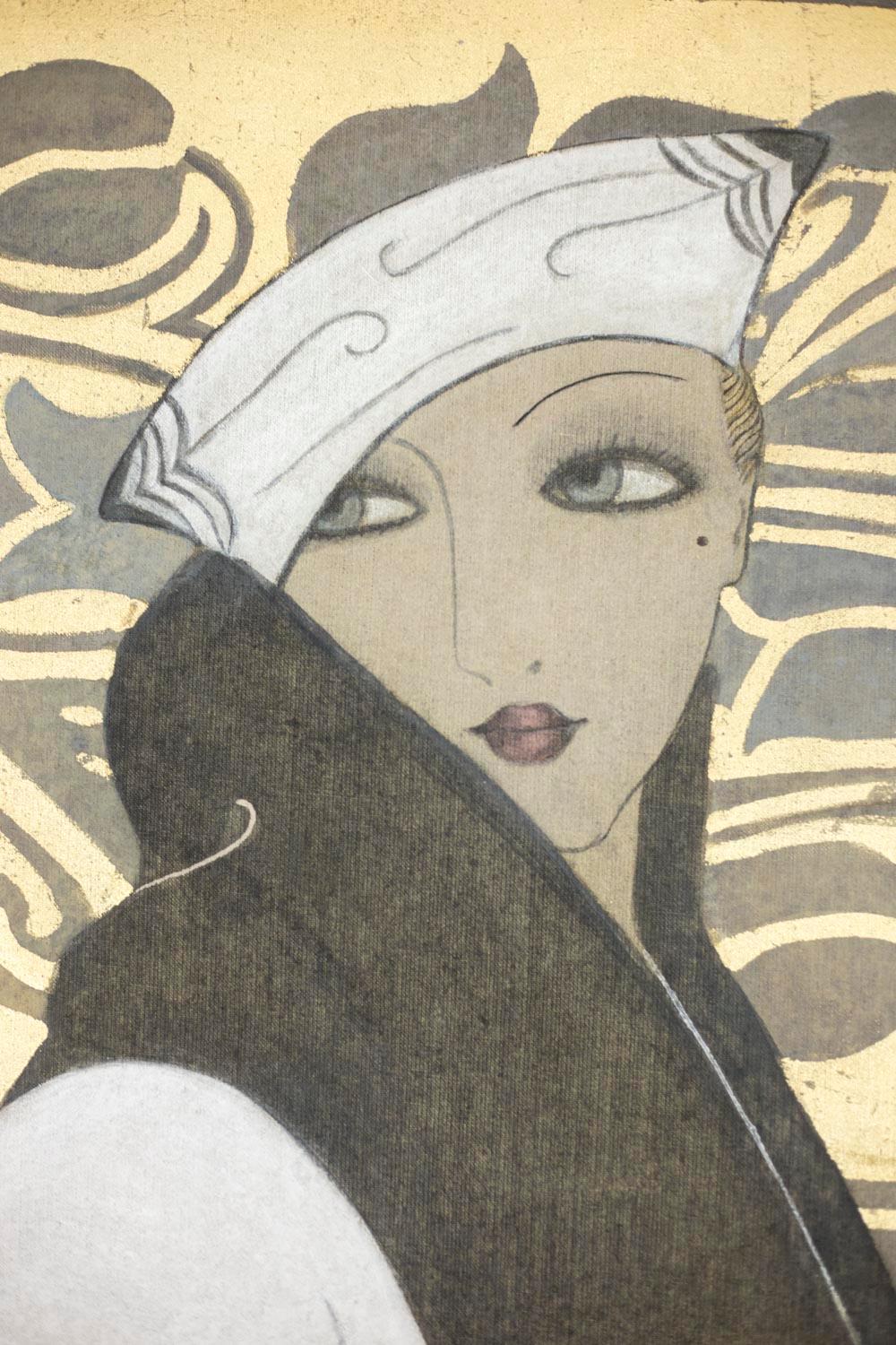 European Painted Canvas, Art Deco Woman, Contemporary Work For Sale