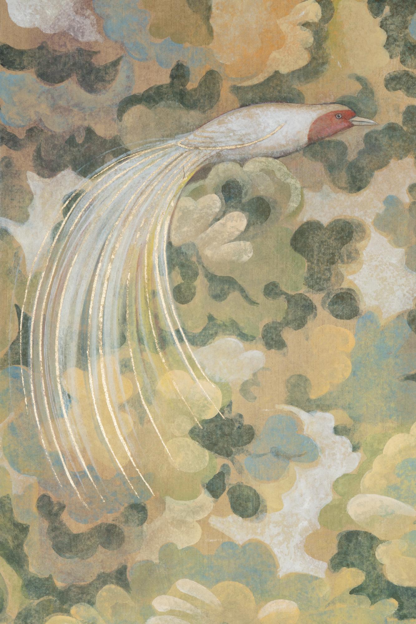 Français Toile peinte, oiseau sur fond feuillu, œuvre contemporaine en vente