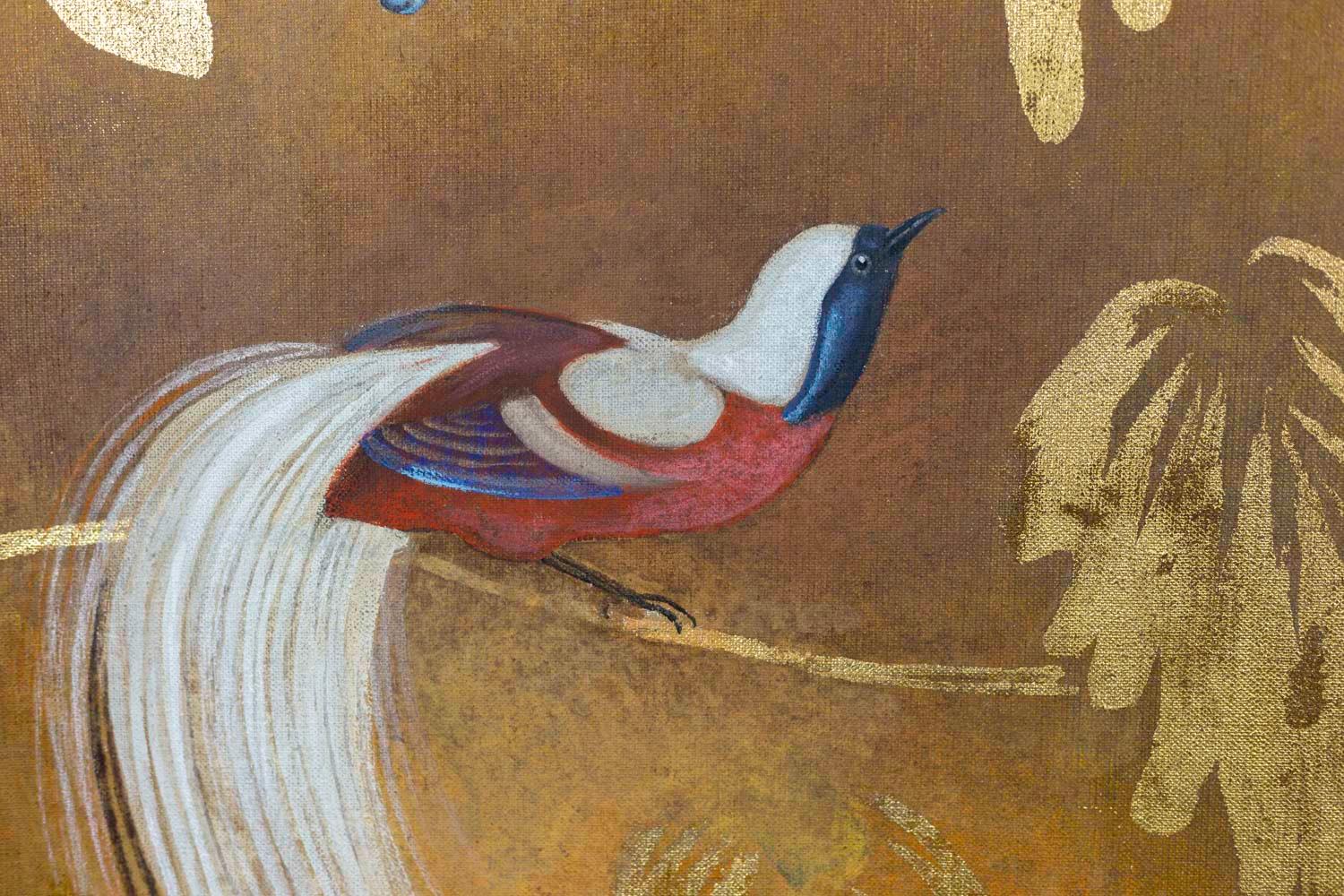 Art Deco Painted Canvas, Birds and Foliage, Contemporary Work For Sale