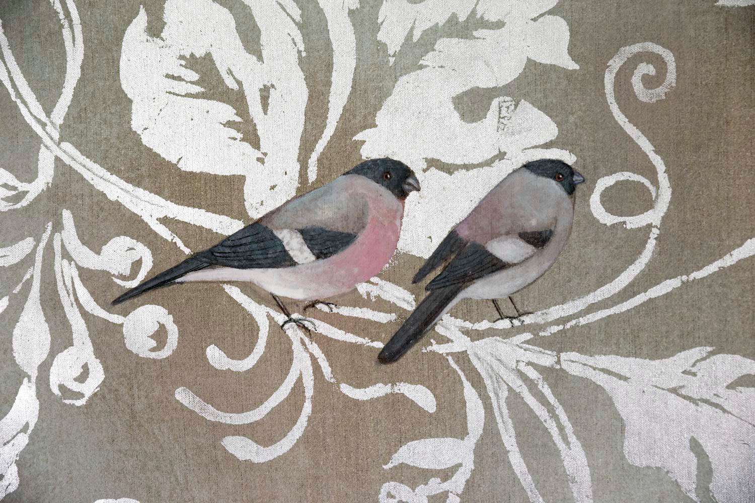 Gilt Painted Canvas, Birds and Foliage, Contemporary Work For Sale