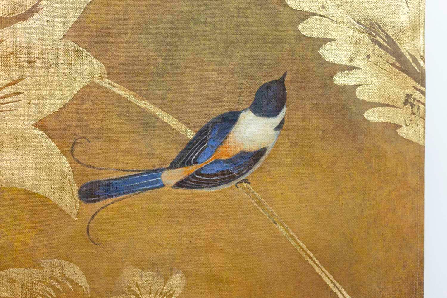 European Painted Canvas, Birds and Foliage, Contemporary Work For Sale