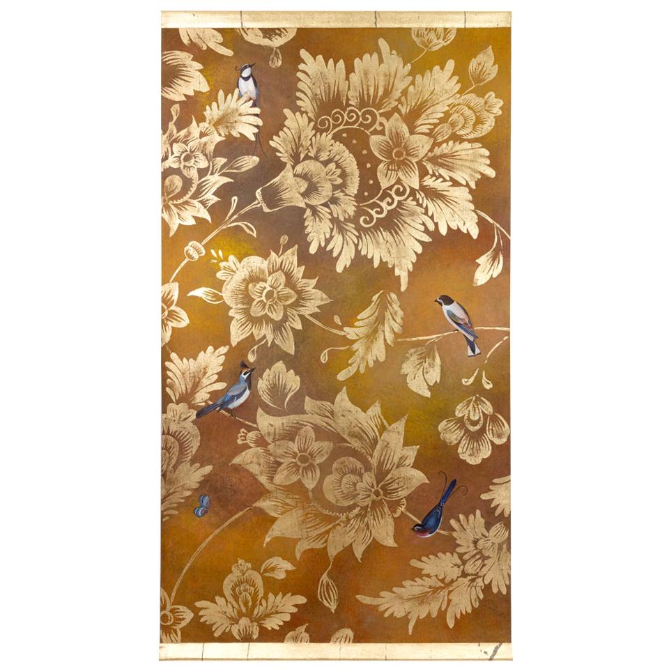 Toile peinte, oiseaux et feuillage, œuvre contemporaine