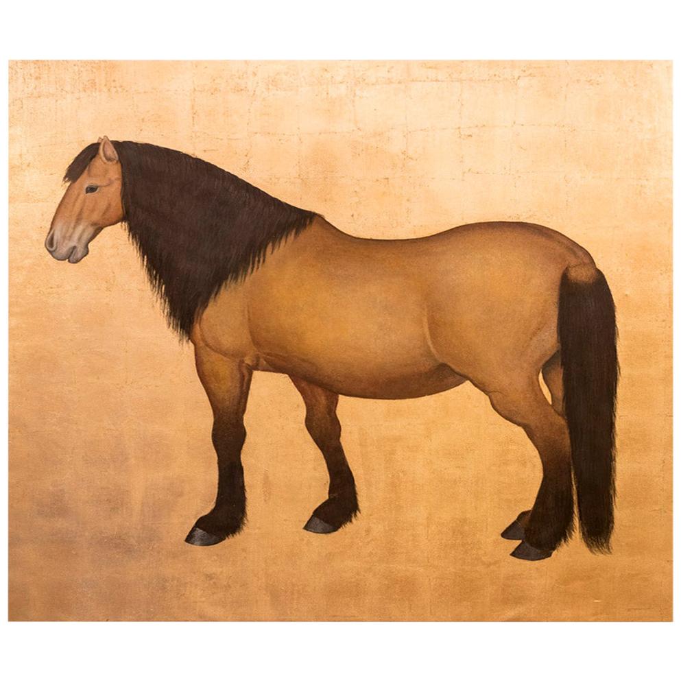 Toile peinte, cheval Bai marron sur fond doré, œuvre contemporaine