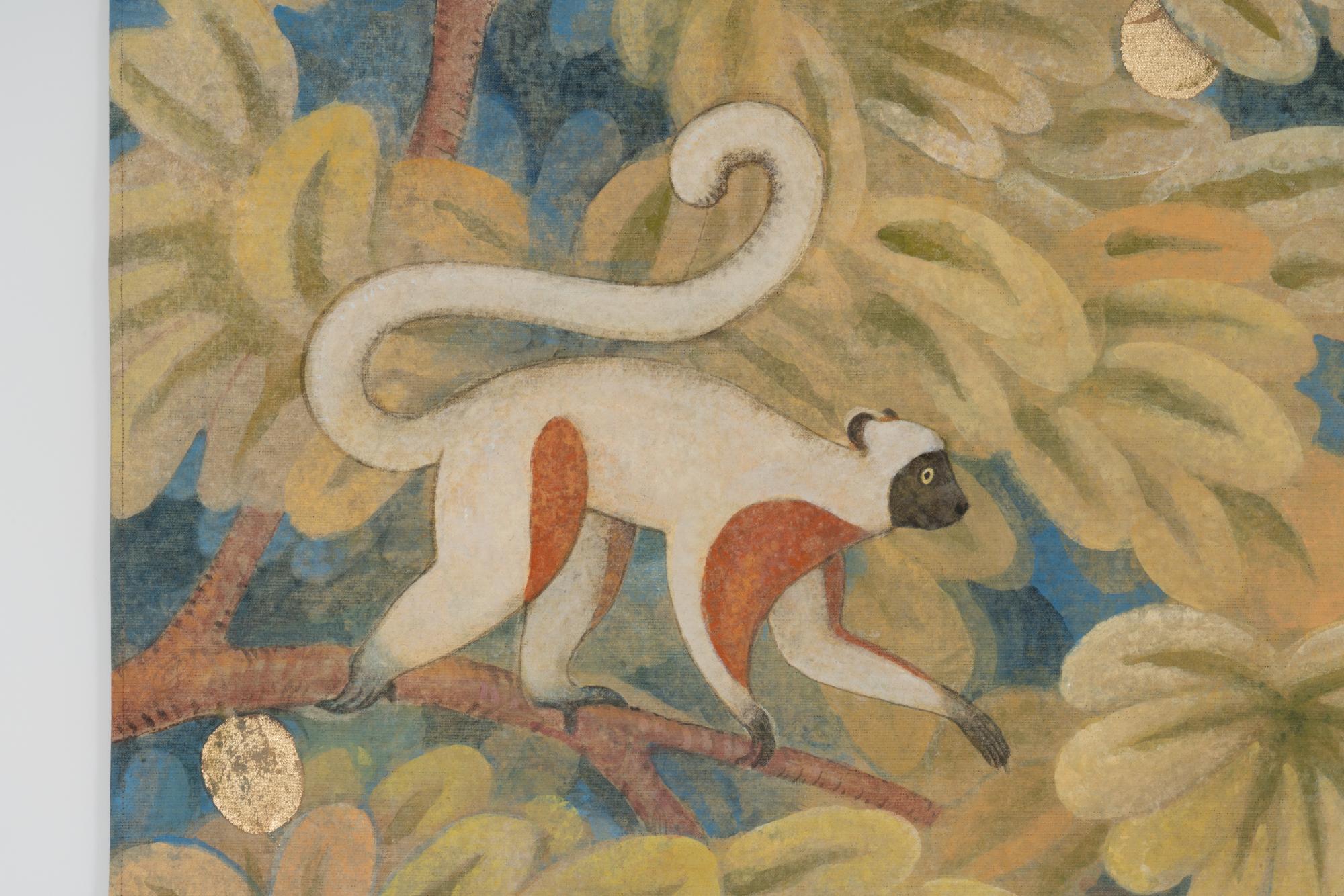 Painted linen canvas representing three Chimpanzees, on an Aubusson style background.

Contemporary French craftsmanship.