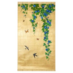 Painted Canvas Decorated with Leaves, Butterflies and Birds, Contemporary Work