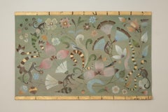 Painted canvas decorated with lemurs, birds, and flowers. Contemporary.